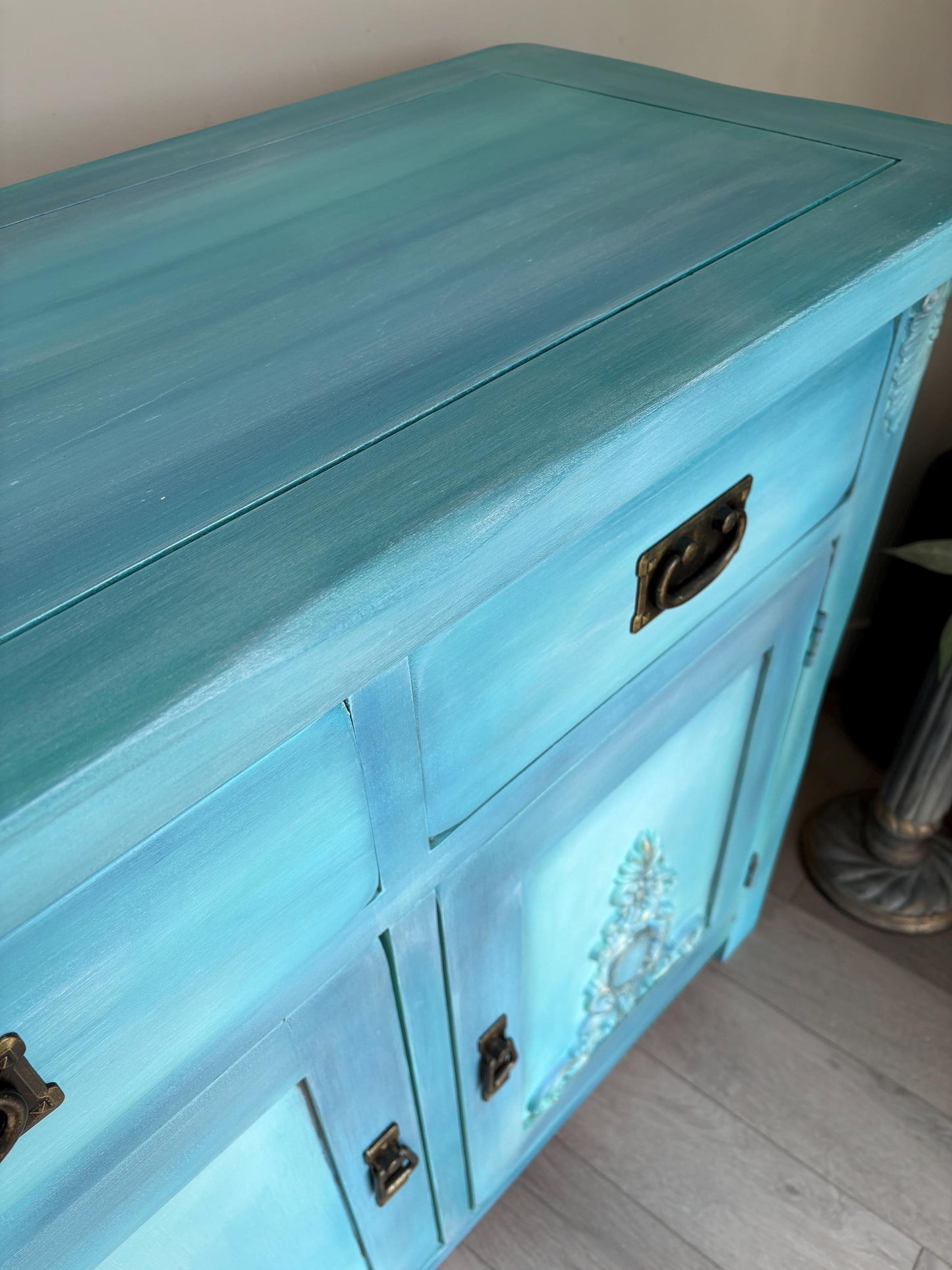 Turquoise & Blue Oak Sideboard | Cabinet, Storage Cupboard Hand Painted
