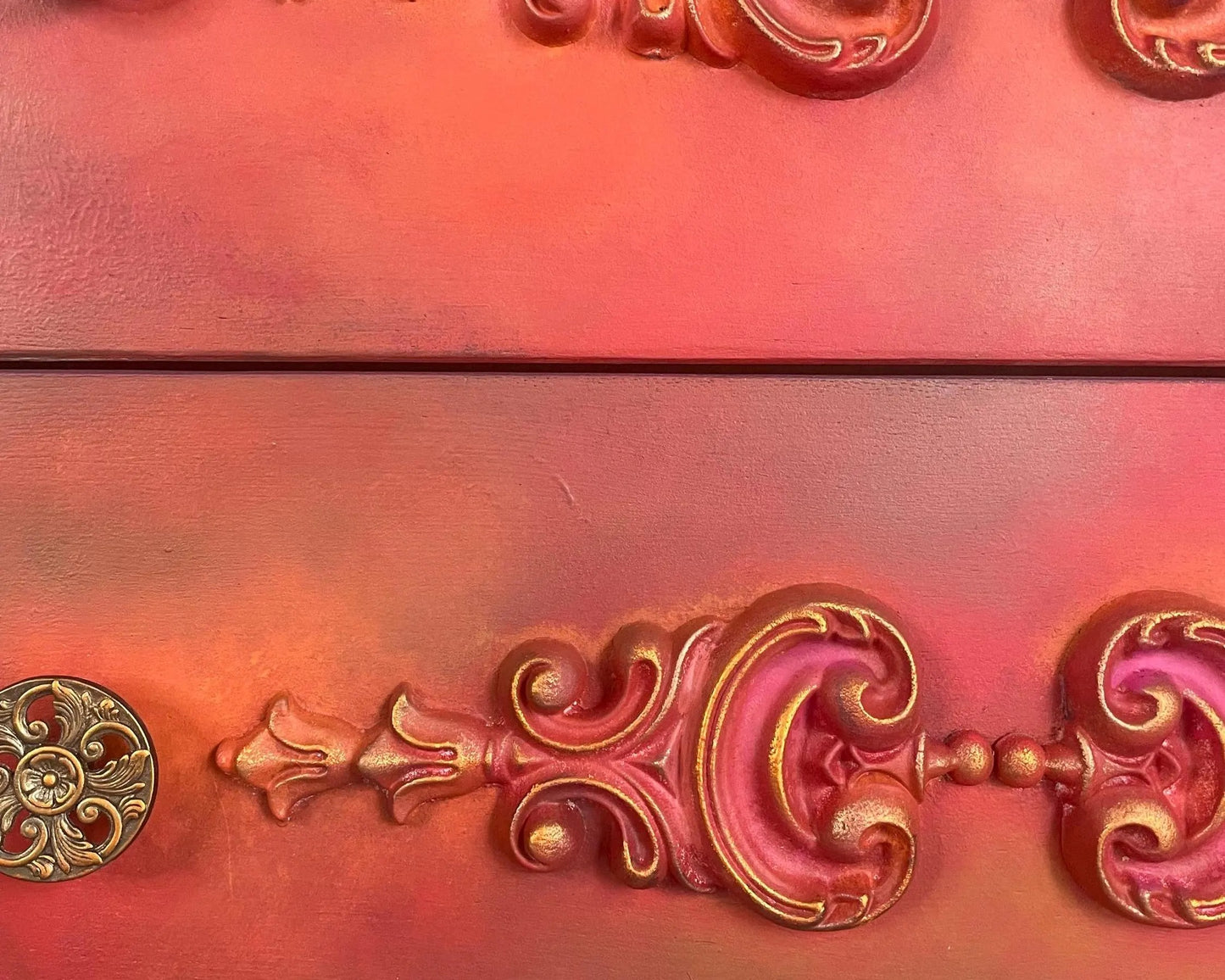 Red, Orange, Maroon Vintage Stag Chest of Drawers Upcycled – Hand-Painted