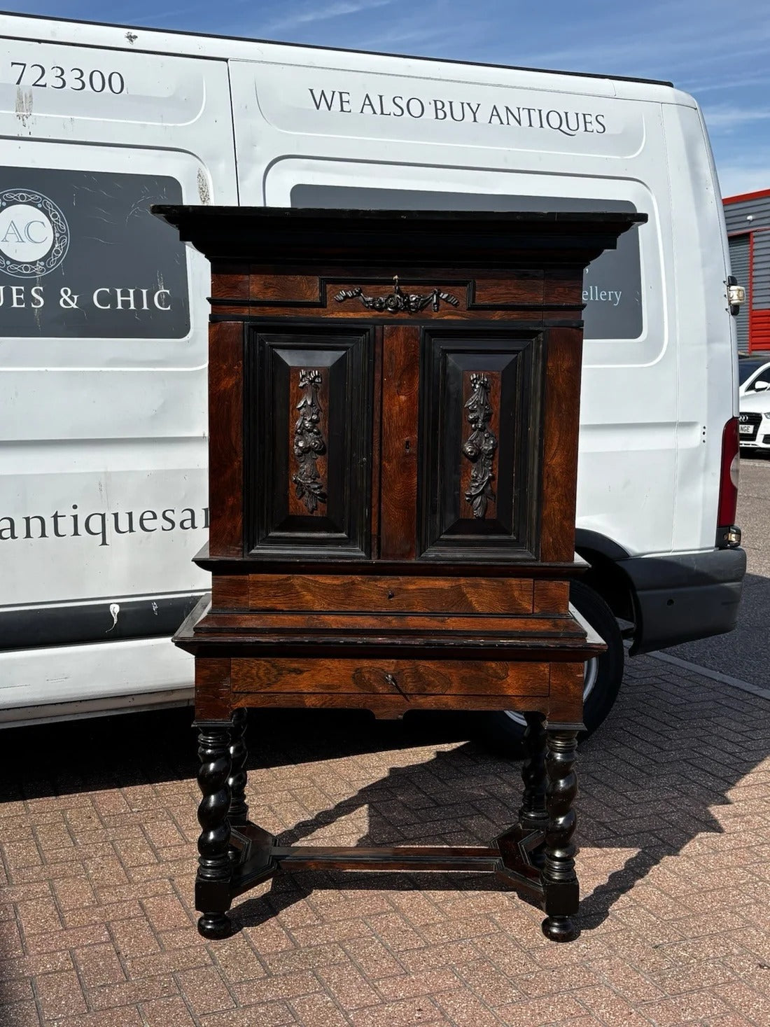 Early 18thC Gothic Antique Cabinet On Stand, Lots Of Drawers, Fitted Interior & Pigeon Holes