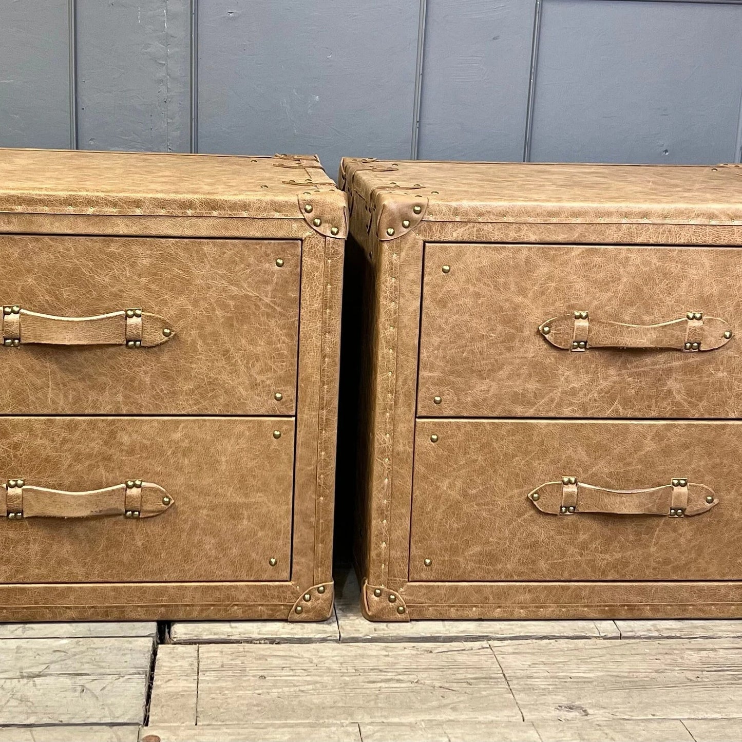 Vintage Leather Bedside Chest of Drawers Matching Pair English Handmade Bespoke