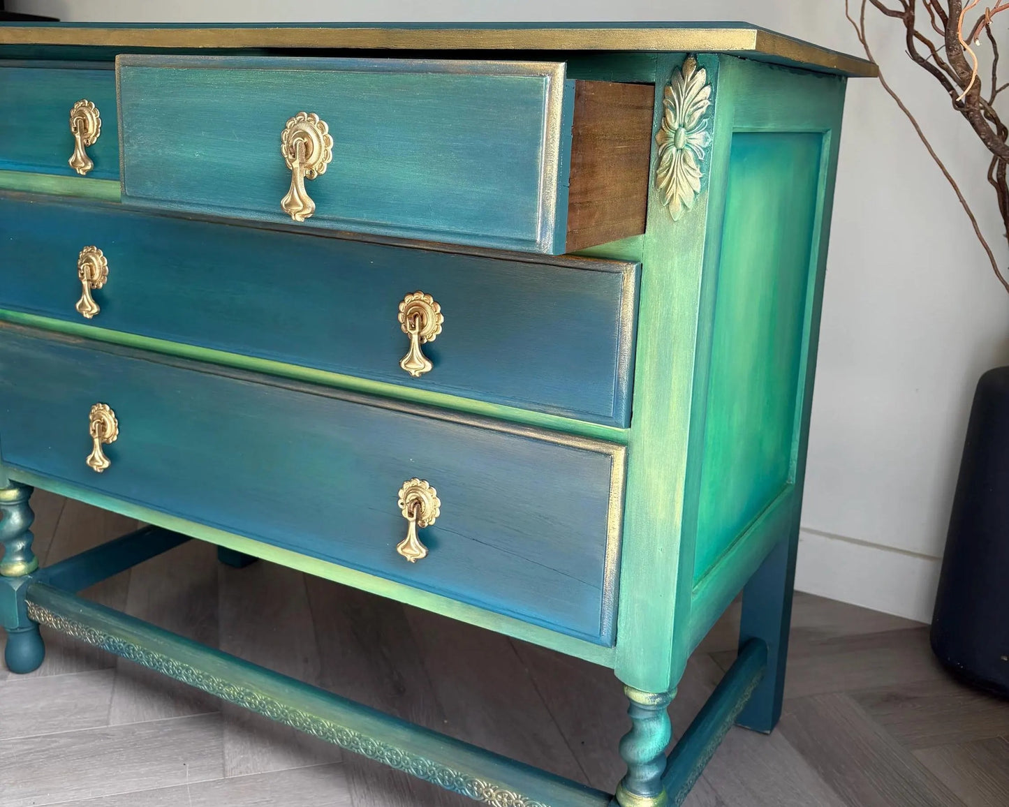 Teal Green Vintage Hand Painted Chest of Drawers | 1930s Oak Dresser | Upcycled Statement Furniture