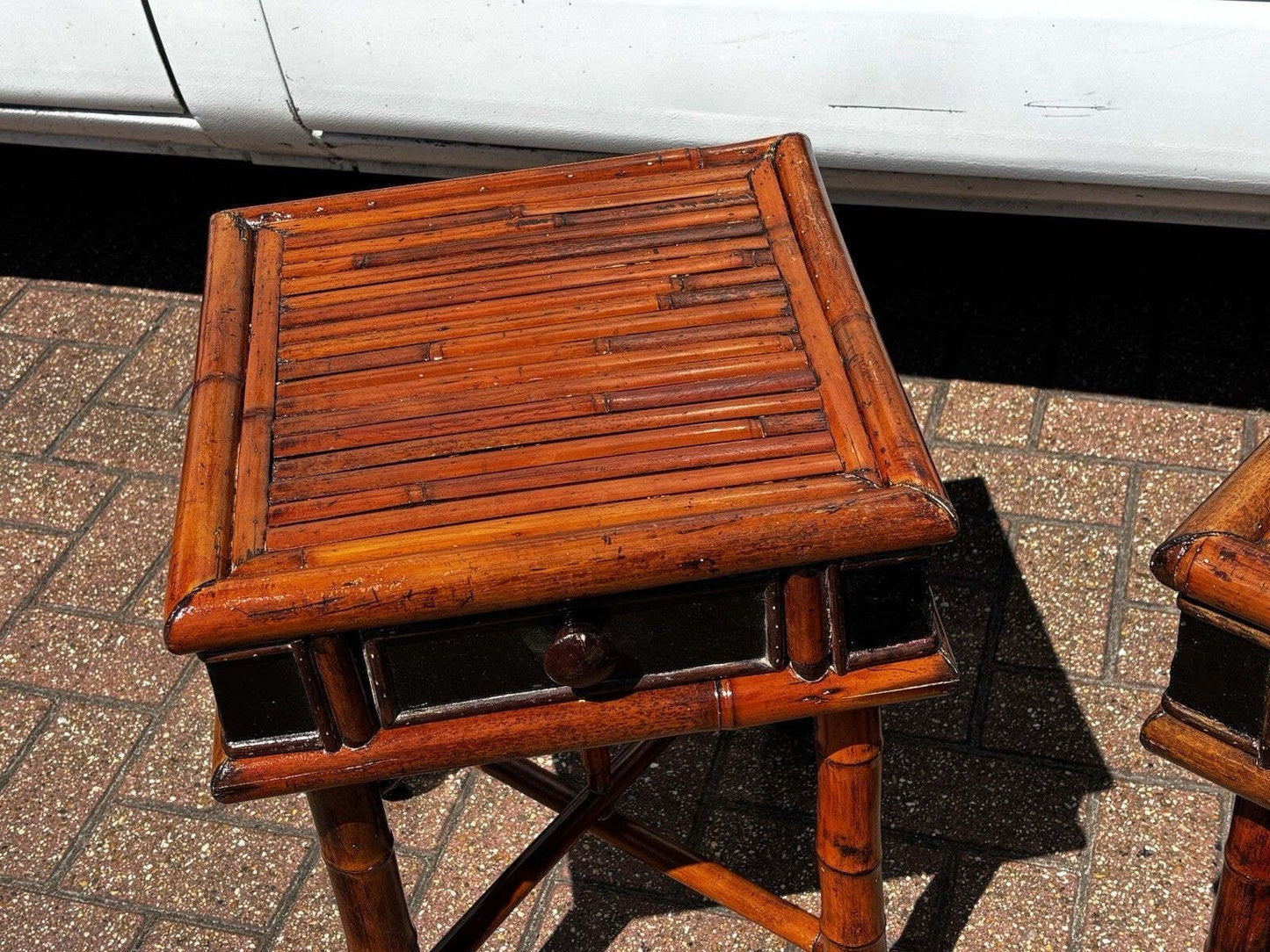 Pair Vintage Bamboo Bedside Tables, Lamp Tables, Side Tables. Each With Drawer.