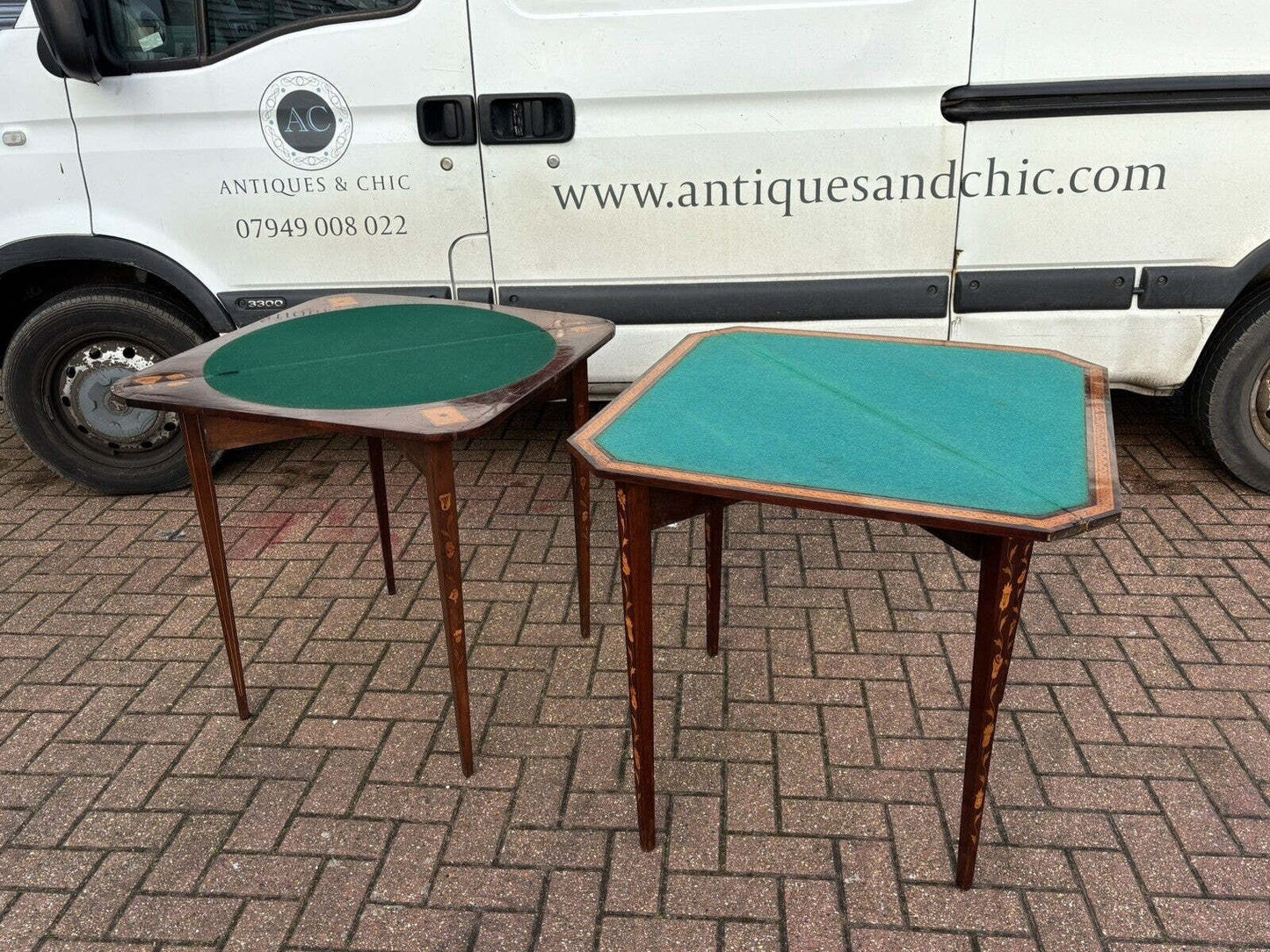 Pair 18th Century Dutch Marquetry Antique Games Tables, With Fold Over Lid & Card Playing Area