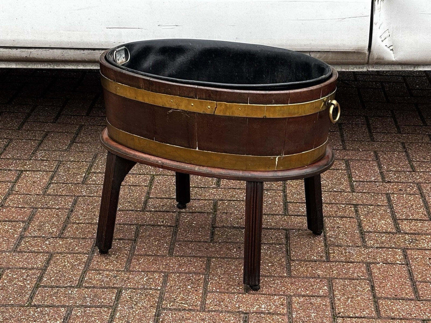 Antique Georgian Mahogany Brass Banded Lift Off Wine Cooler On Stand