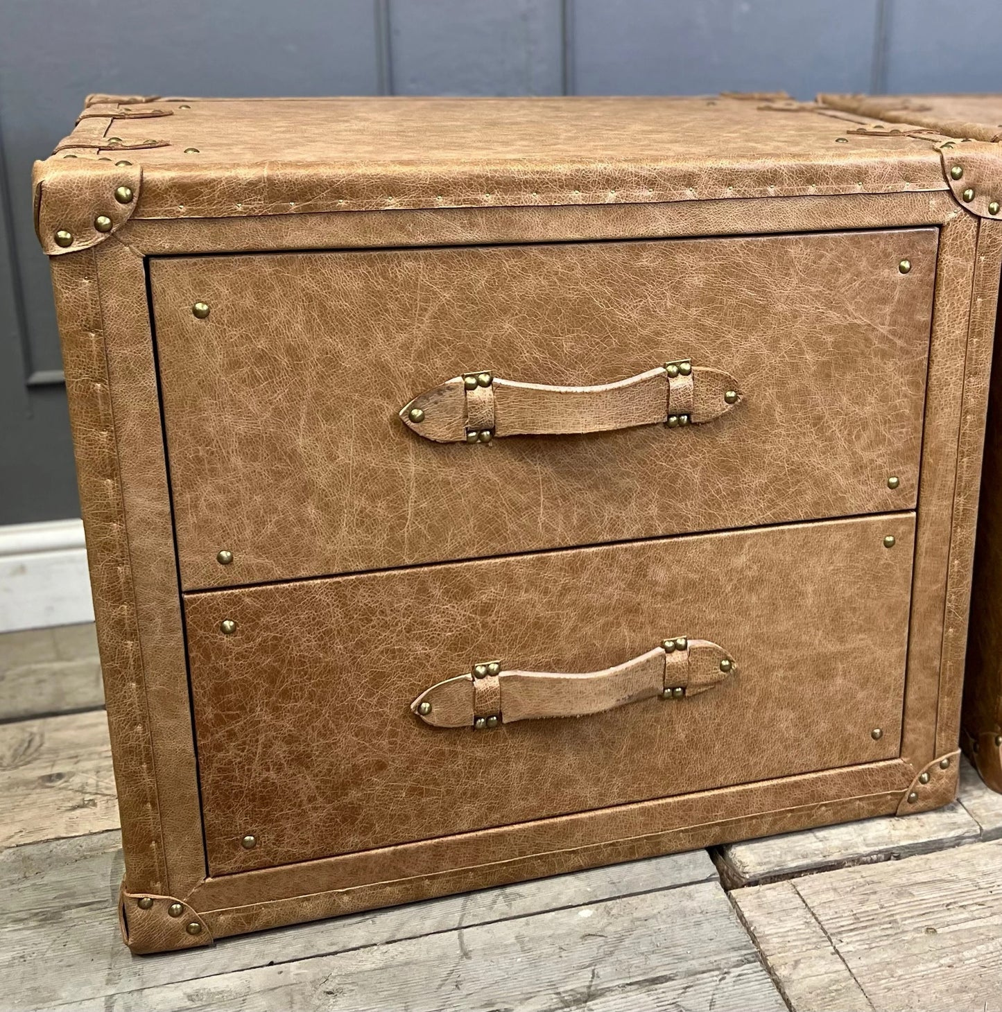 Vintage Leather Bedside Chest of Drawers Matching Pair English Handmade Bespoke
