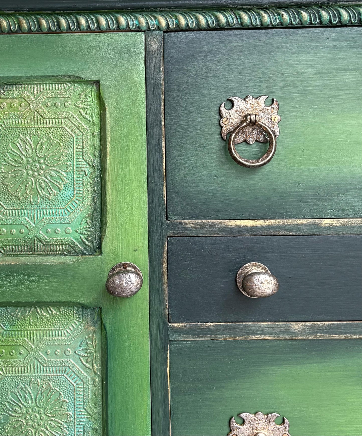Hand Painted Oak Sideboard | Upcycled Dark Green Storage Vintage Cabinet