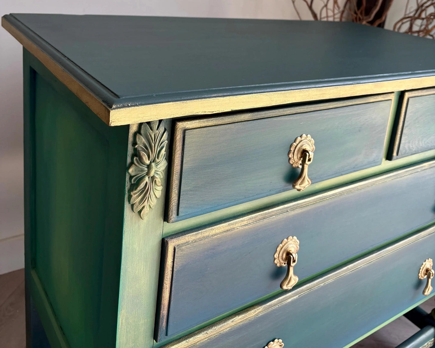 Teal Green Vintage Hand Painted Chest of Drawers | 1930s Oak Dresser | Upcycled Statement Furniture