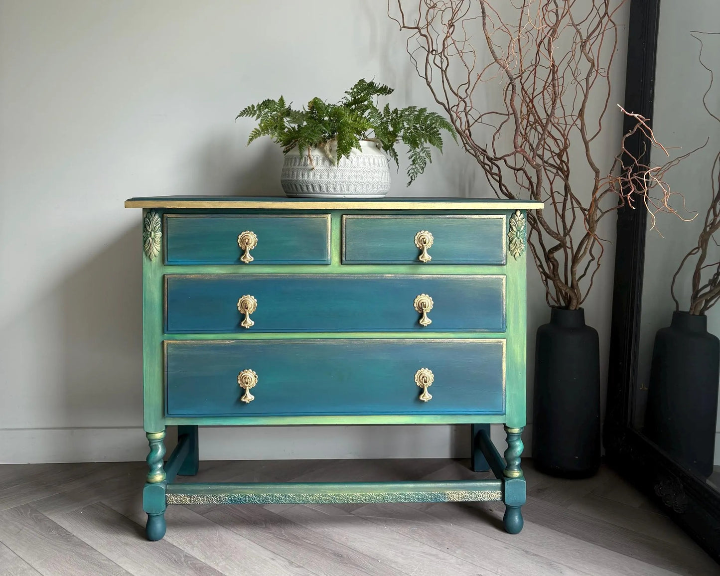 Teal Green Vintage Hand Painted Chest of Drawers | 1930s Oak Dresser | Upcycled Statement Furniture