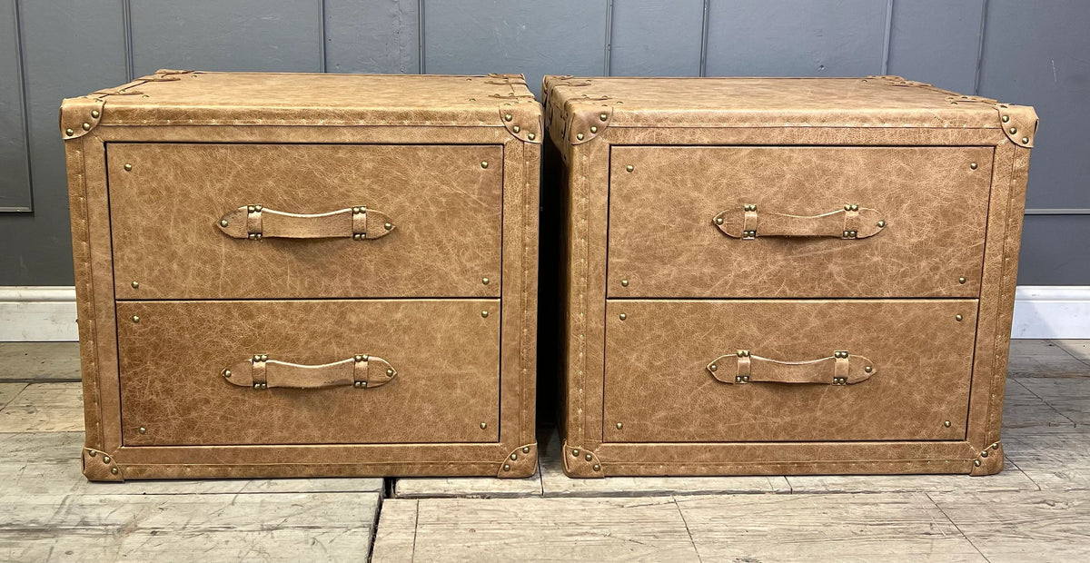Vintage Leather Bedside Chest of Drawers Matching Pair English Handmade Bespoke