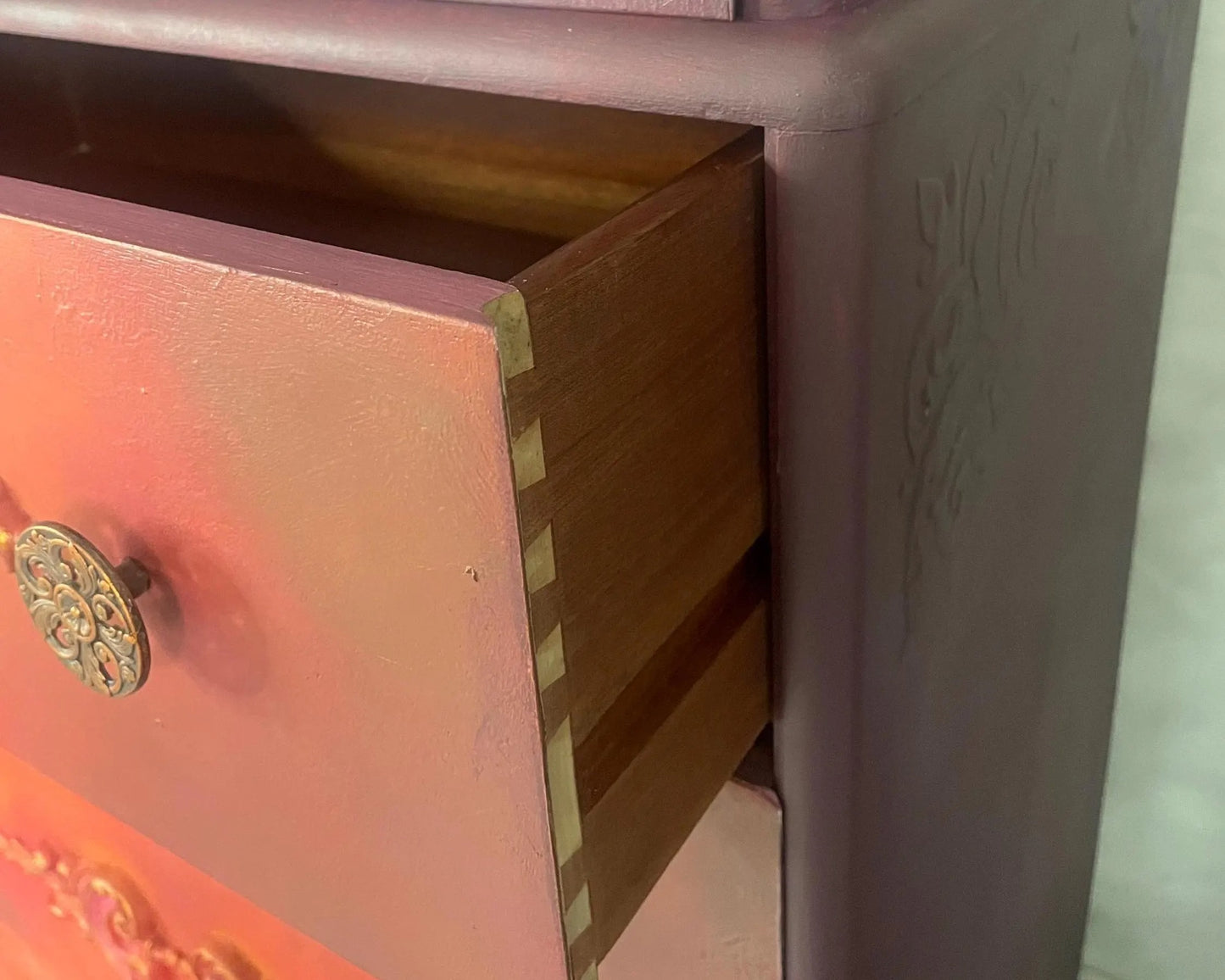 Red, Orange, Maroon Vintage Stag Chest of Drawers Upcycled – Hand-Painted