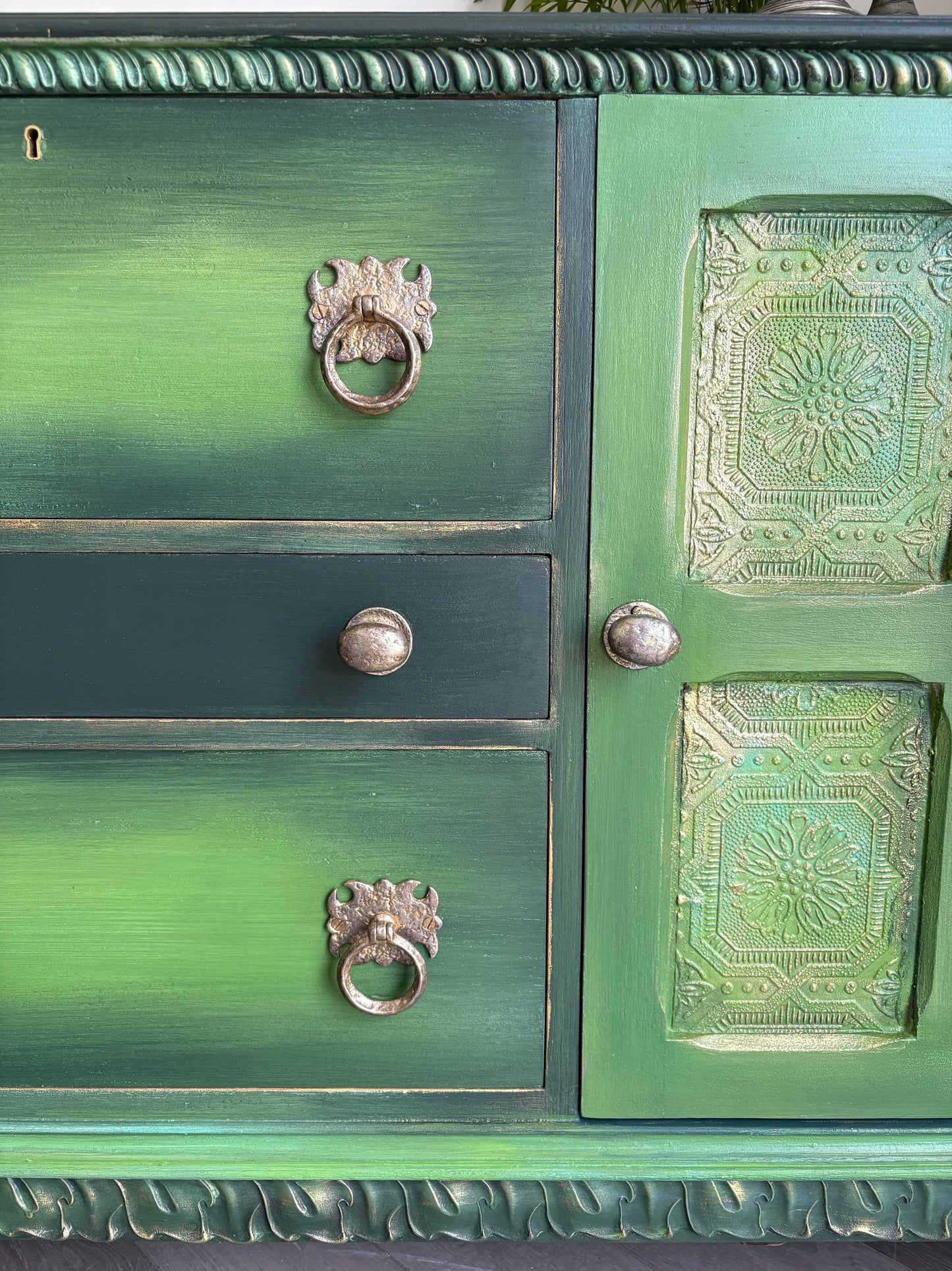 Hand Painted Oak Sideboard | Upcycled Dark Green Storage Vintage Cabinet