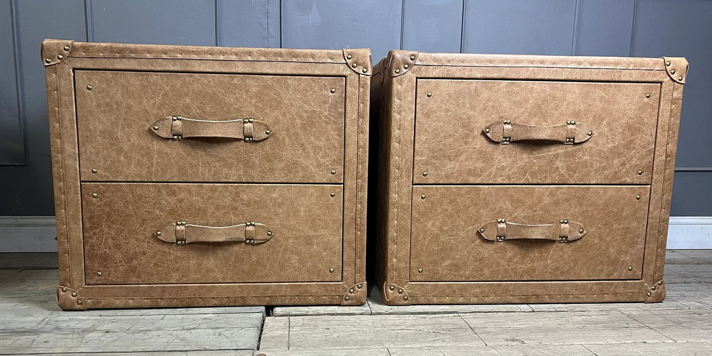 Vintage Leather Bedside Chest of Drawers Matching Pair English Handmade Bespoke