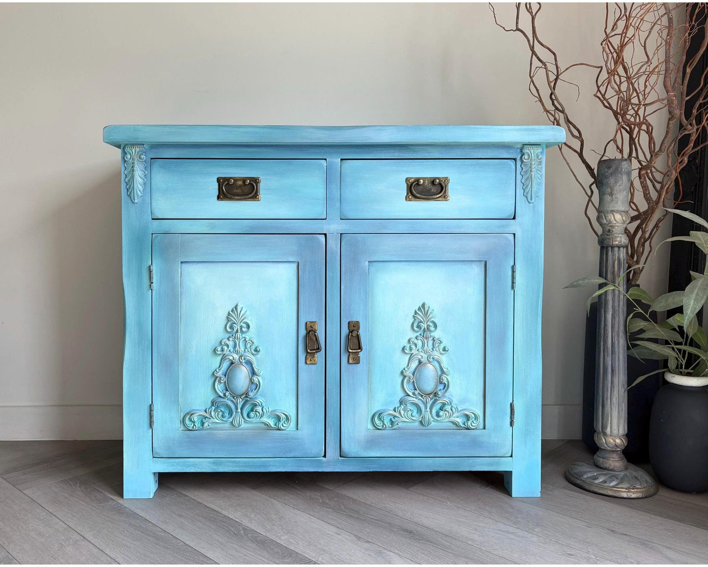 Turquoise & Blue Oak Sideboard | Cabinet, Storage Cupboard Hand Painted
