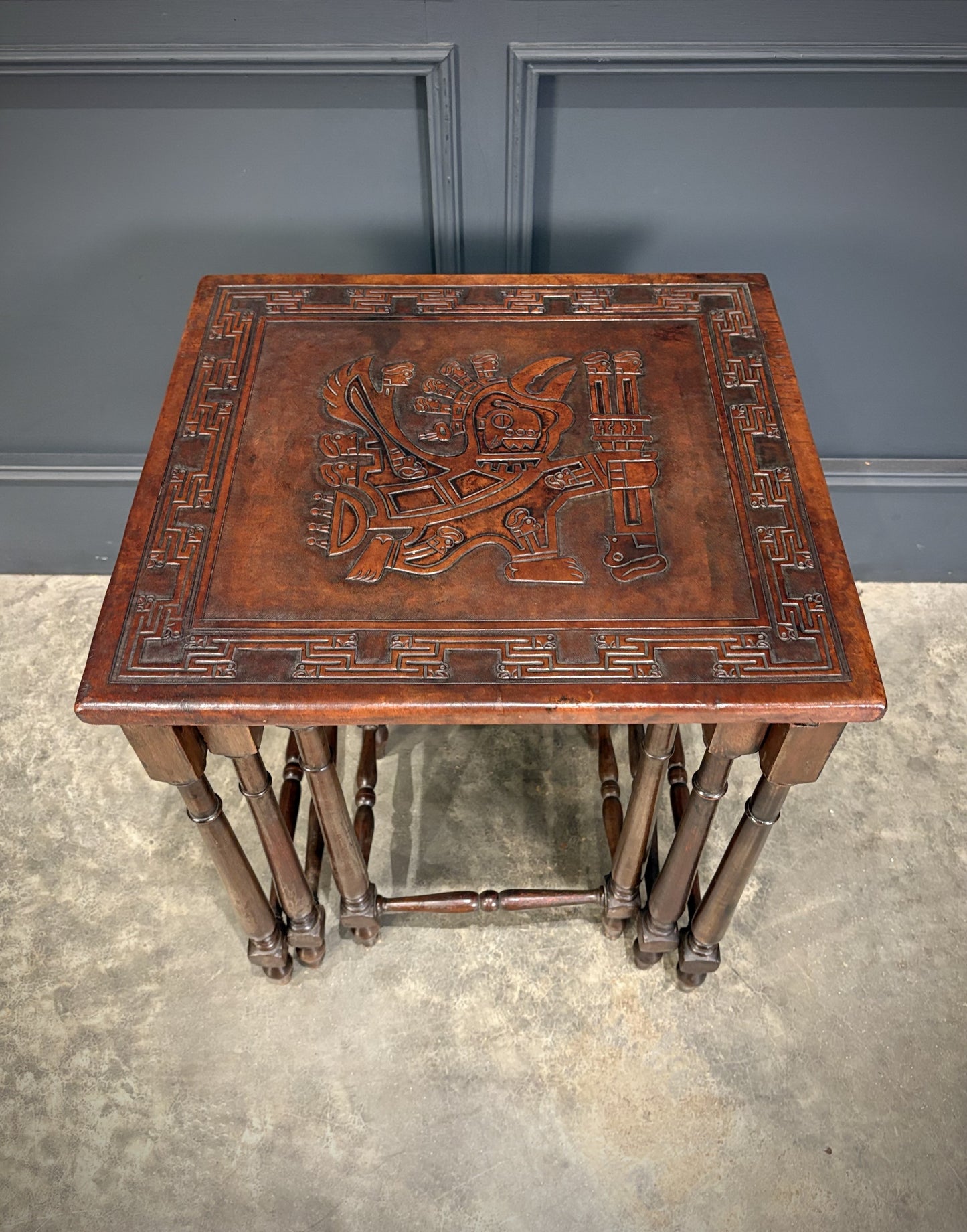 Nest Of Three Embossed Carved Leather Top Tables