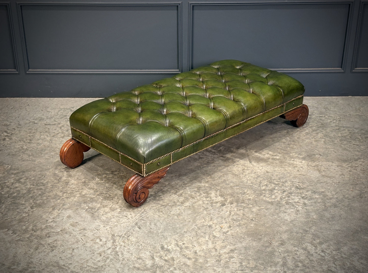 Vintage Regency Green Buttoned Leather Footstool