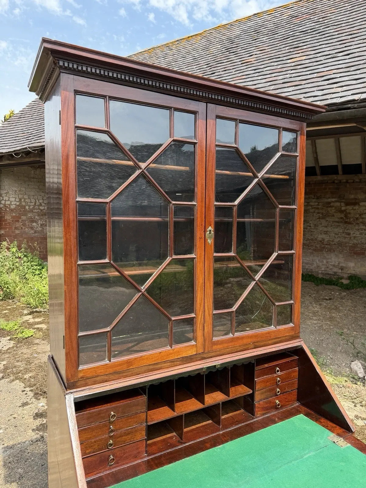 Vintage Georgian Mahogany Glazed Bureau Bookcase Chest of Drawers Writing Desk