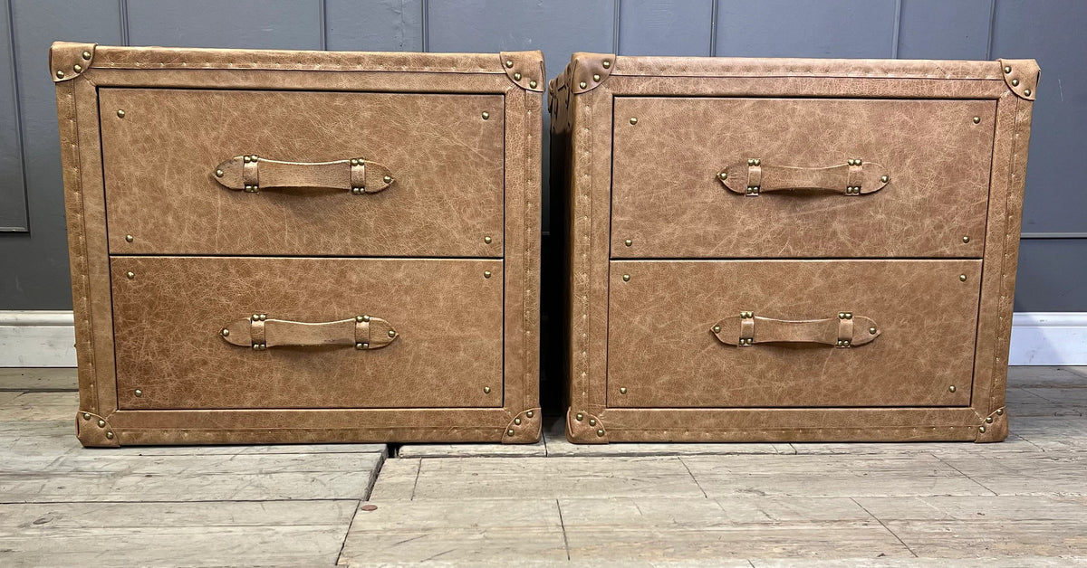 Vintage Leather Bedside Chest of Drawers Matching Pair English Handmade Bespoke