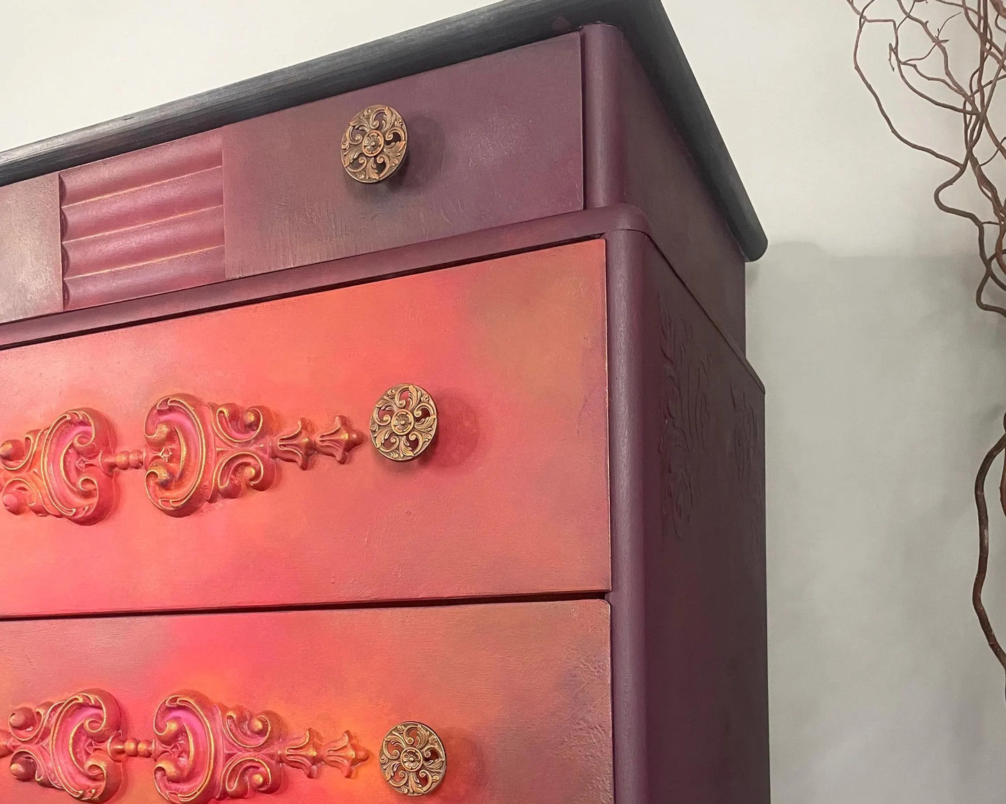 Red, Orange, Maroon Vintage Stag Chest of Drawers Upcycled – Hand-Painted