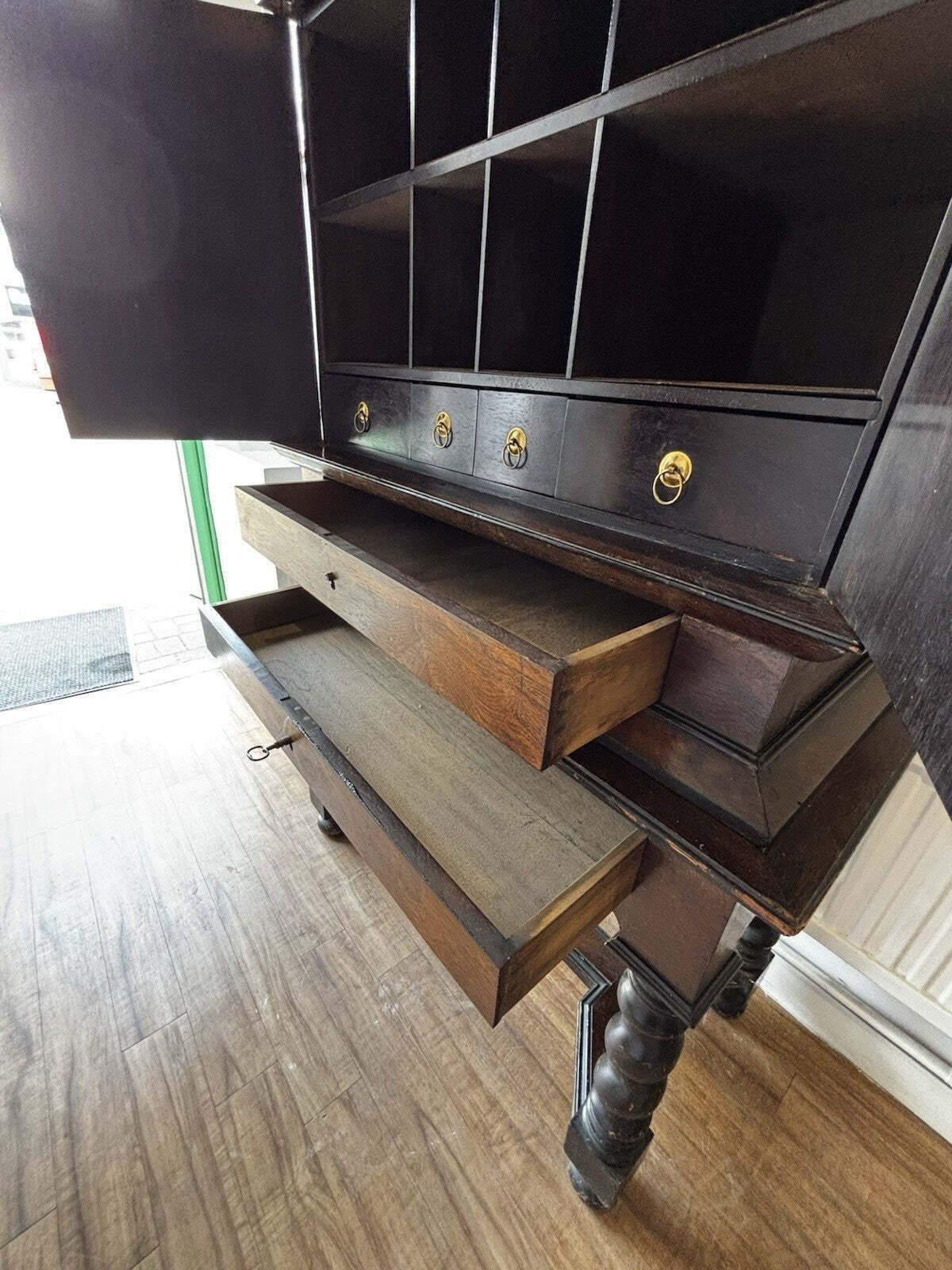 18th Century Gothic Drinks Cabinet On Stand, Lots Of Drawers, Fitted Interior & Pigeon Holes