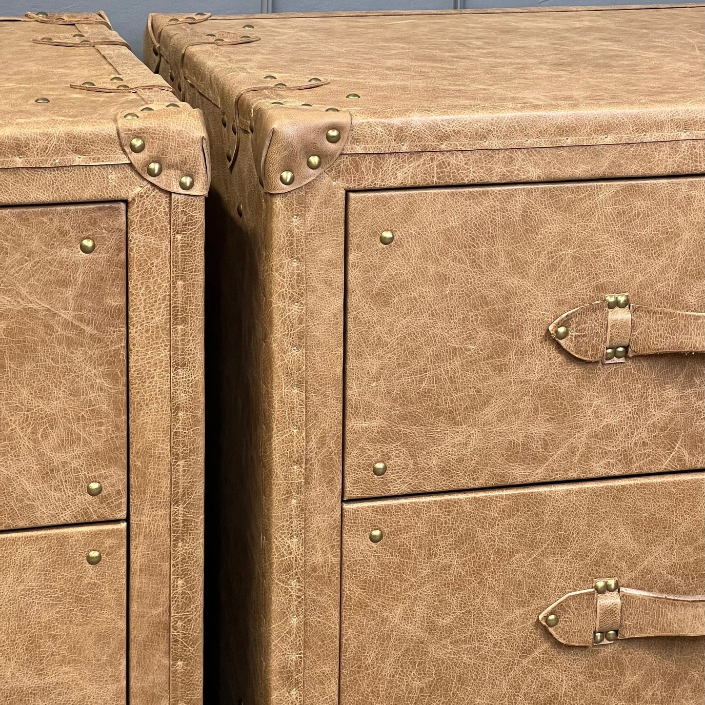 Vintage Leather Bedside Chest of Drawers Matching Pair English Handmade Bespoke