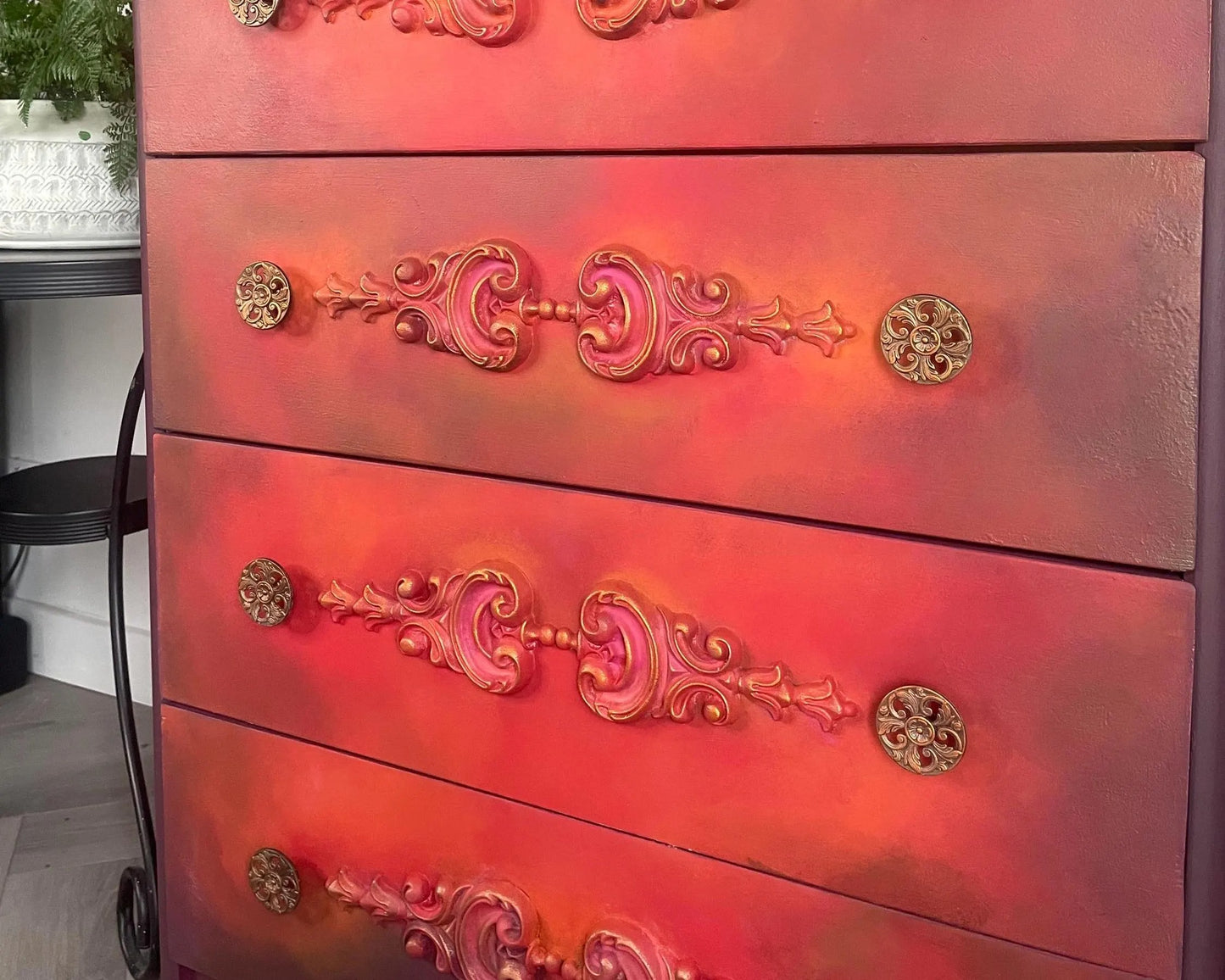 Red, Orange, Maroon Vintage Stag Chest of Drawers Upcycled – Hand-Painted