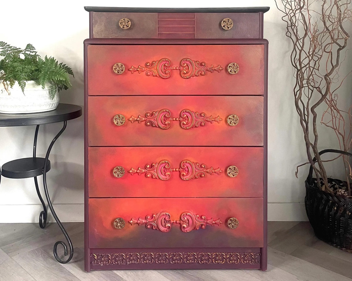 Red, Orange, Maroon Vintage Stag Chest of Drawers Upcycled – Hand-Painted