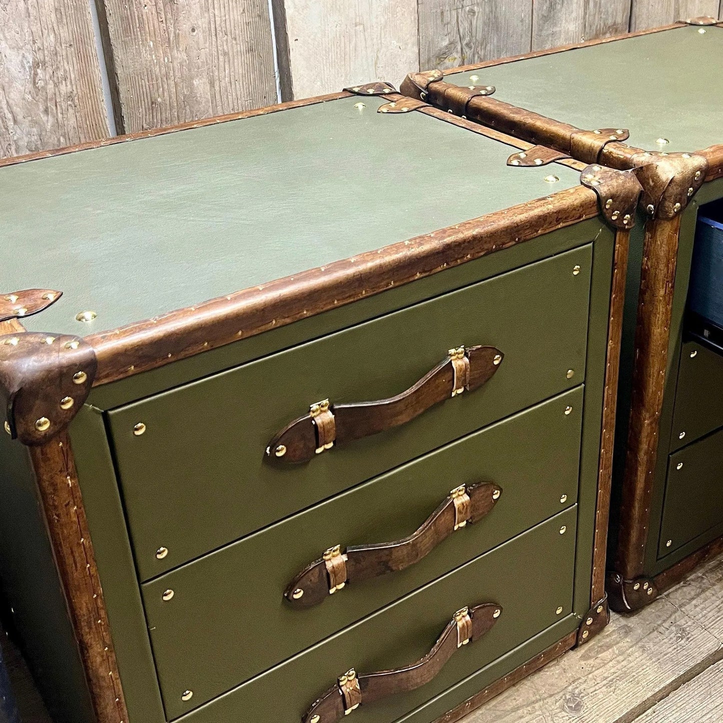 Green Olive Vintage Nightstand Cabinets: Luxury Handcrafted English Bedroom Storage Tables