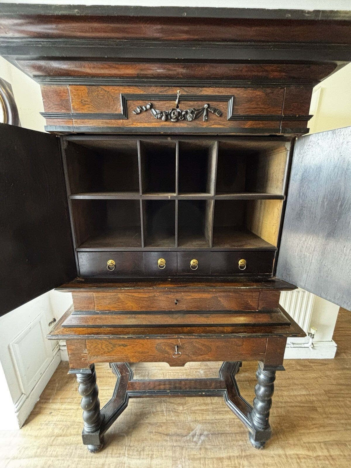 18th Century Gothic Drinks Cabinet On Stand, Lots Of Drawers, Fitted Interior & Pigeon Holes