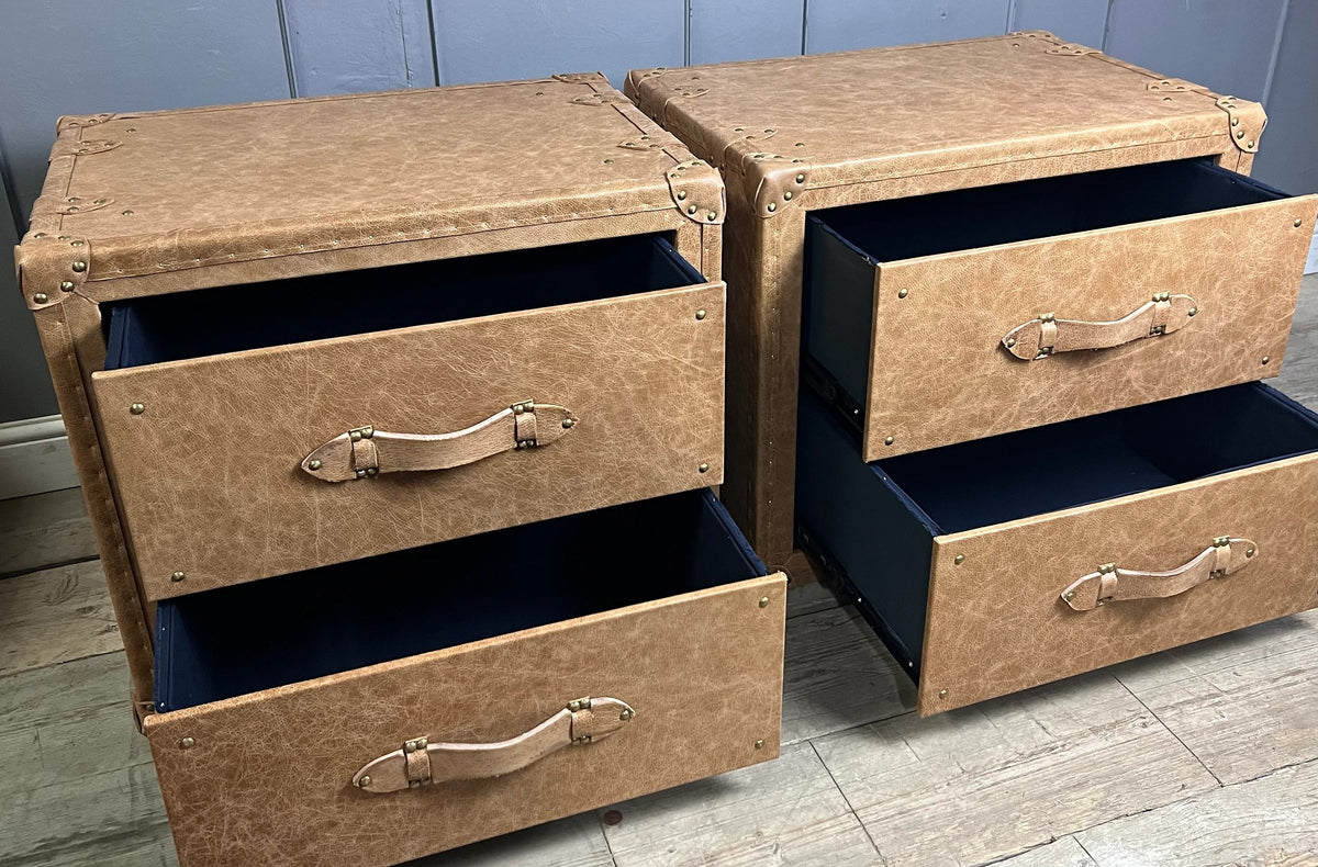 Vintage Leather Bedside Chest of Drawers Matching Pair English Handmade Bespoke