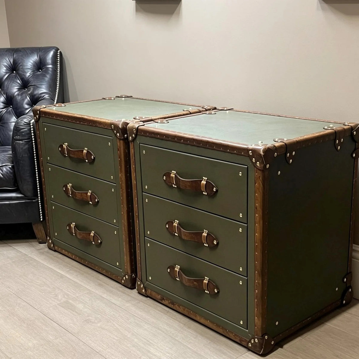 Green Olive Vintage Nightstand Cabinets: Luxury Handcrafted English Bedroom Storage Tables
