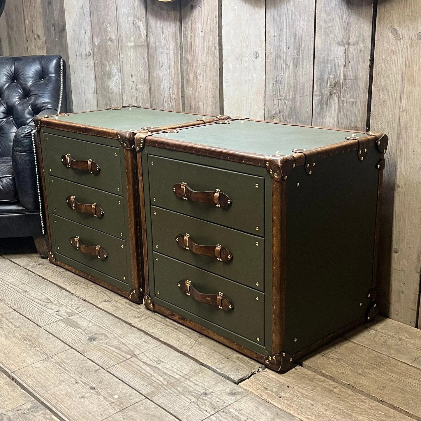 Green Olive Vintage Nightstand Cabinets: Luxury Handcrafted English Bedroom Storage Tables
