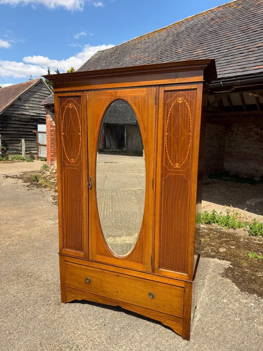 Antique Edwardian Mahogany Marquetry Inlaid Mirrored Door Wardrobe Armoire