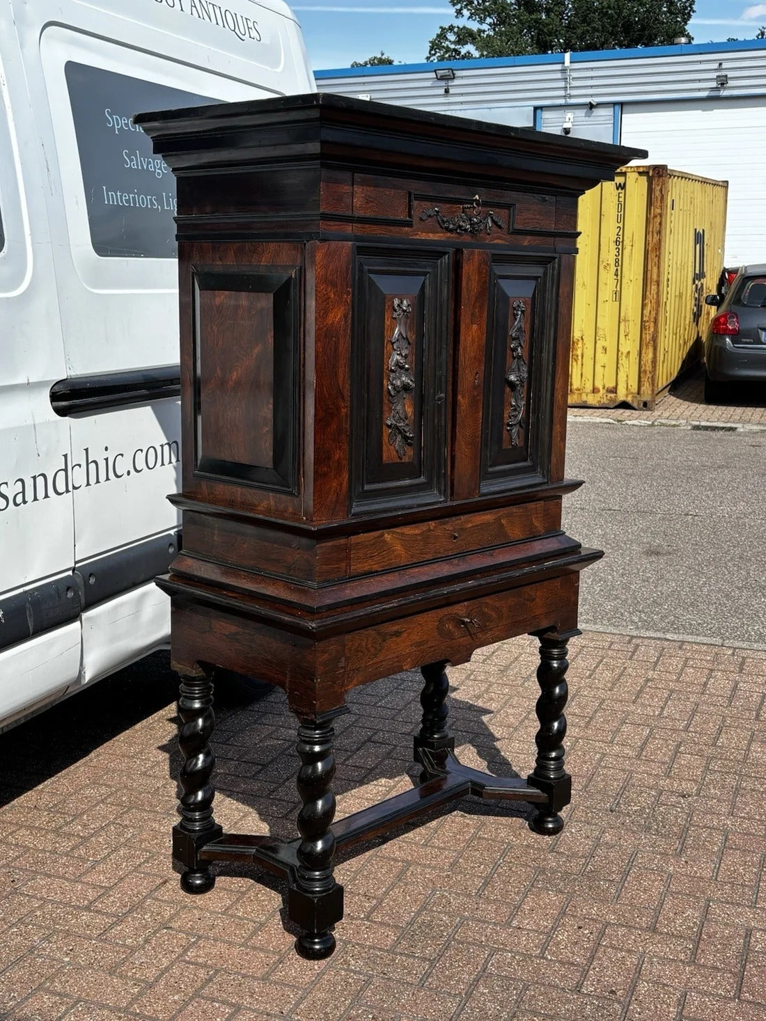 Early 18thC Gothic Antique Cabinet On Stand, Lots Of Drawers, Fitted Interior & Pigeon Holes