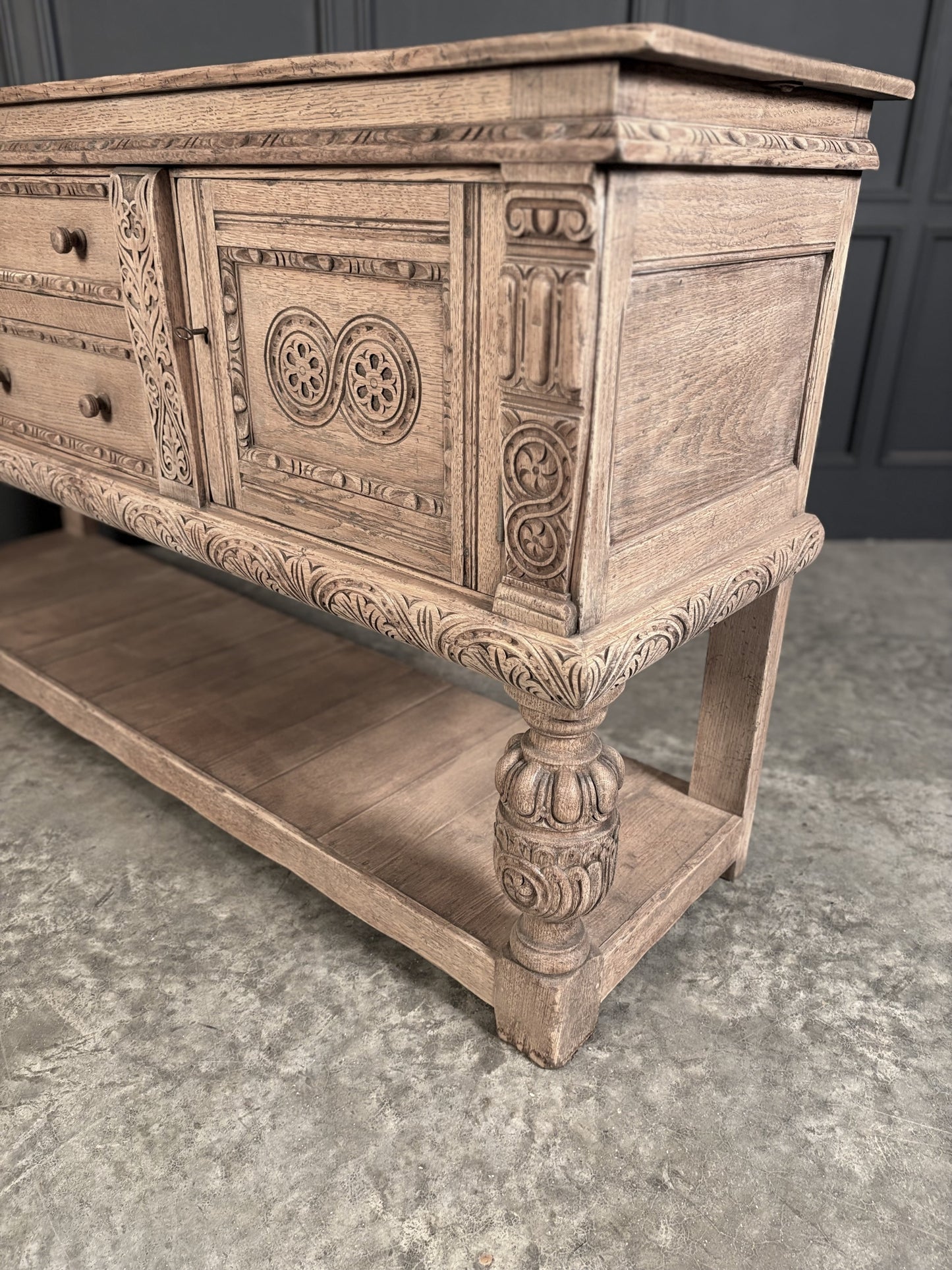 Carved Bleached Antique Oak Carved Sideboard