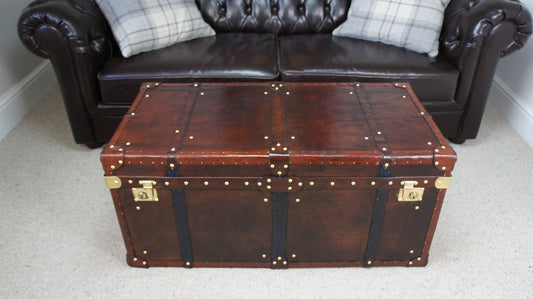 Vintage Storage Trunk Coffee Table | Antique Leather Top | Handmade England