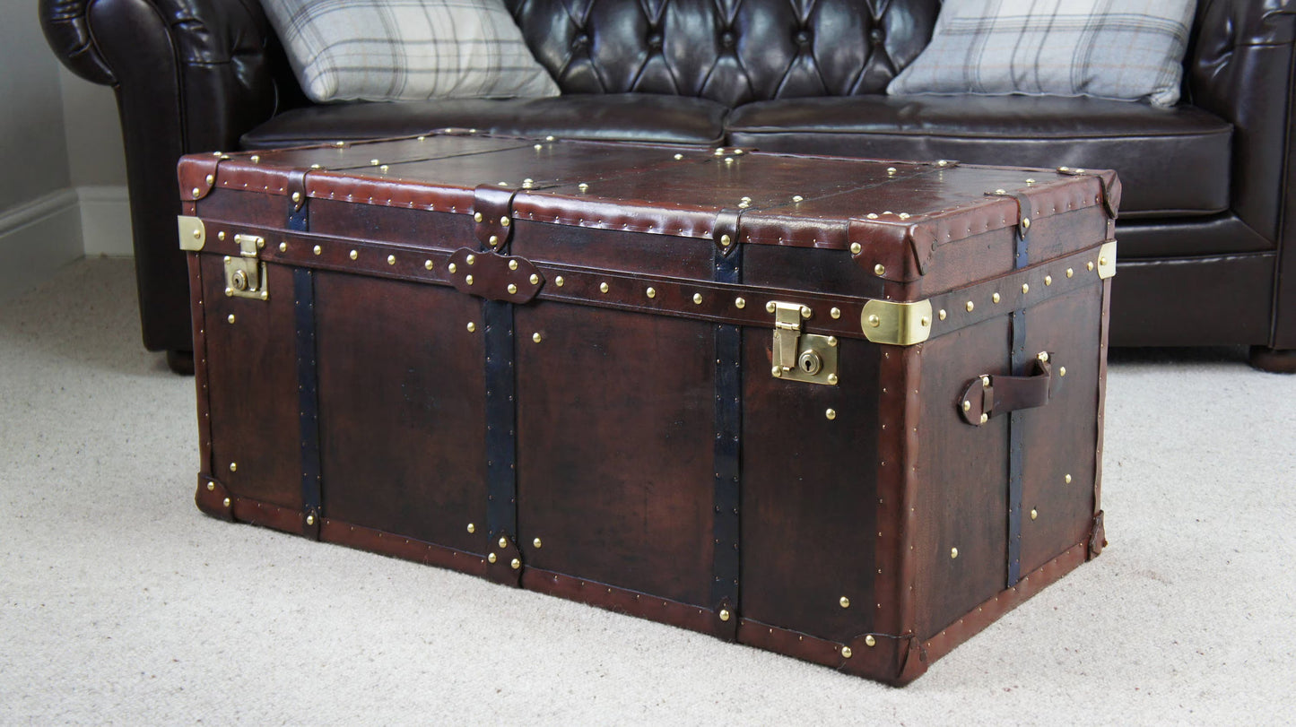 Vintage Storage Trunk Coffee Table | Antique Leather Top | Handmade England