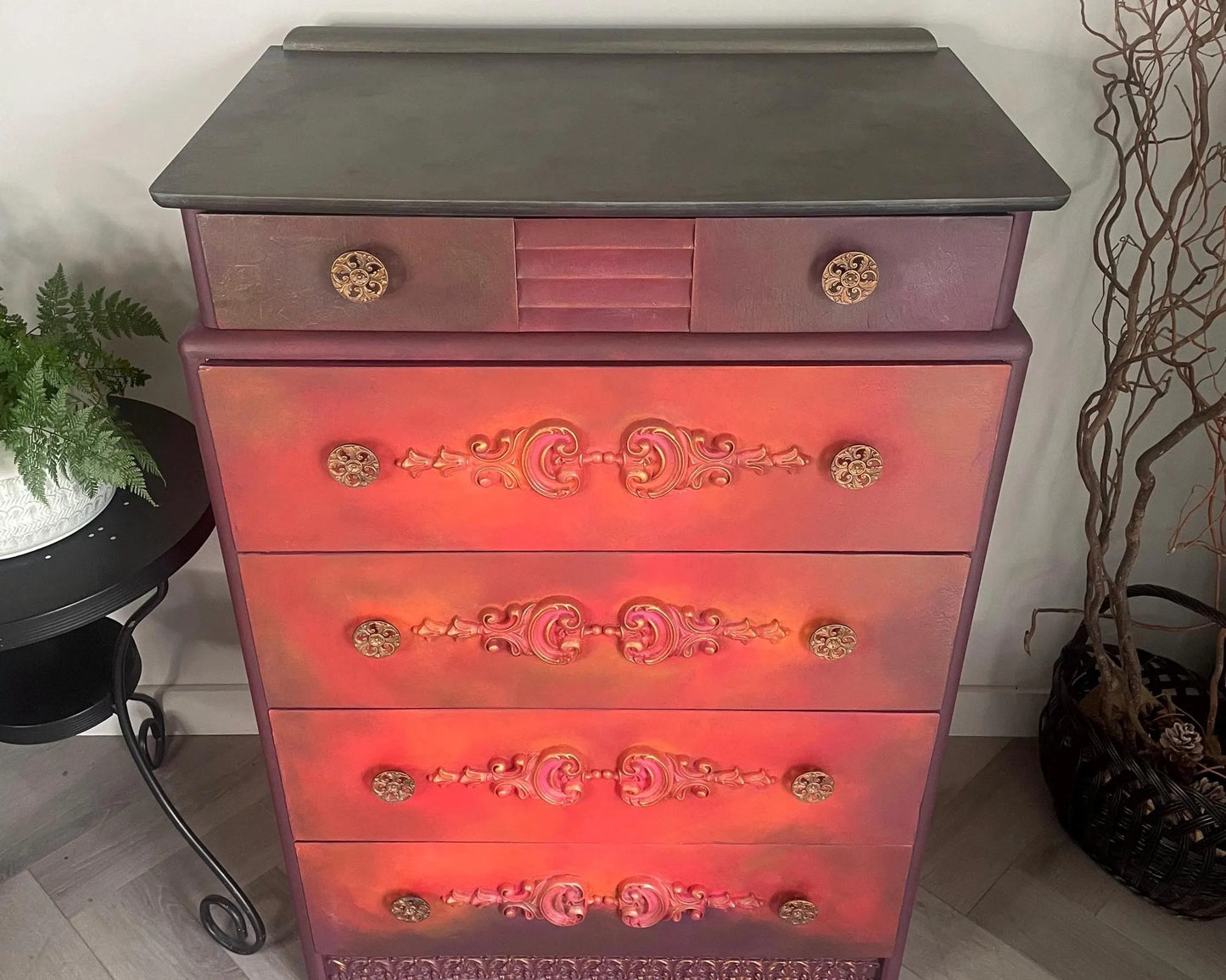 Red, Orange, Maroon Vintage Stag Chest of Drawers Upcycled – Hand-Painted
