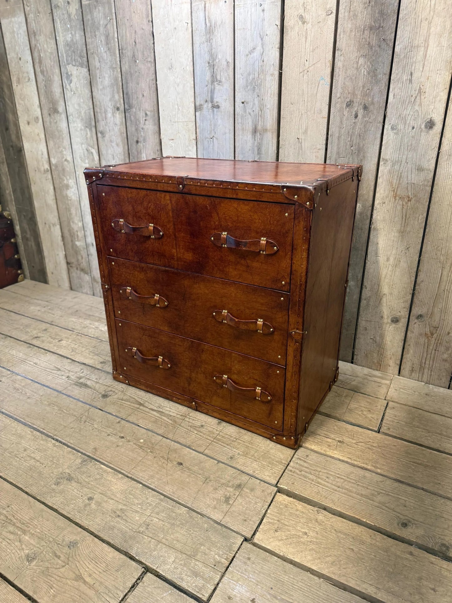 Tan Leather Vintage Drawer Handmade Furniture Bedroom Storage Rustic Leather Chest Drawers Custom Wood Cabinet