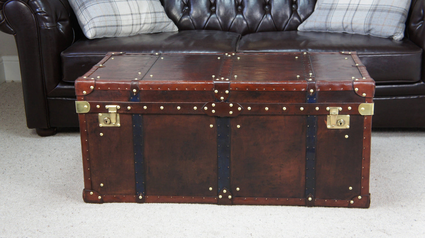 Vintage Storage Trunk Coffee Table | Antique Leather Top | Handmade England