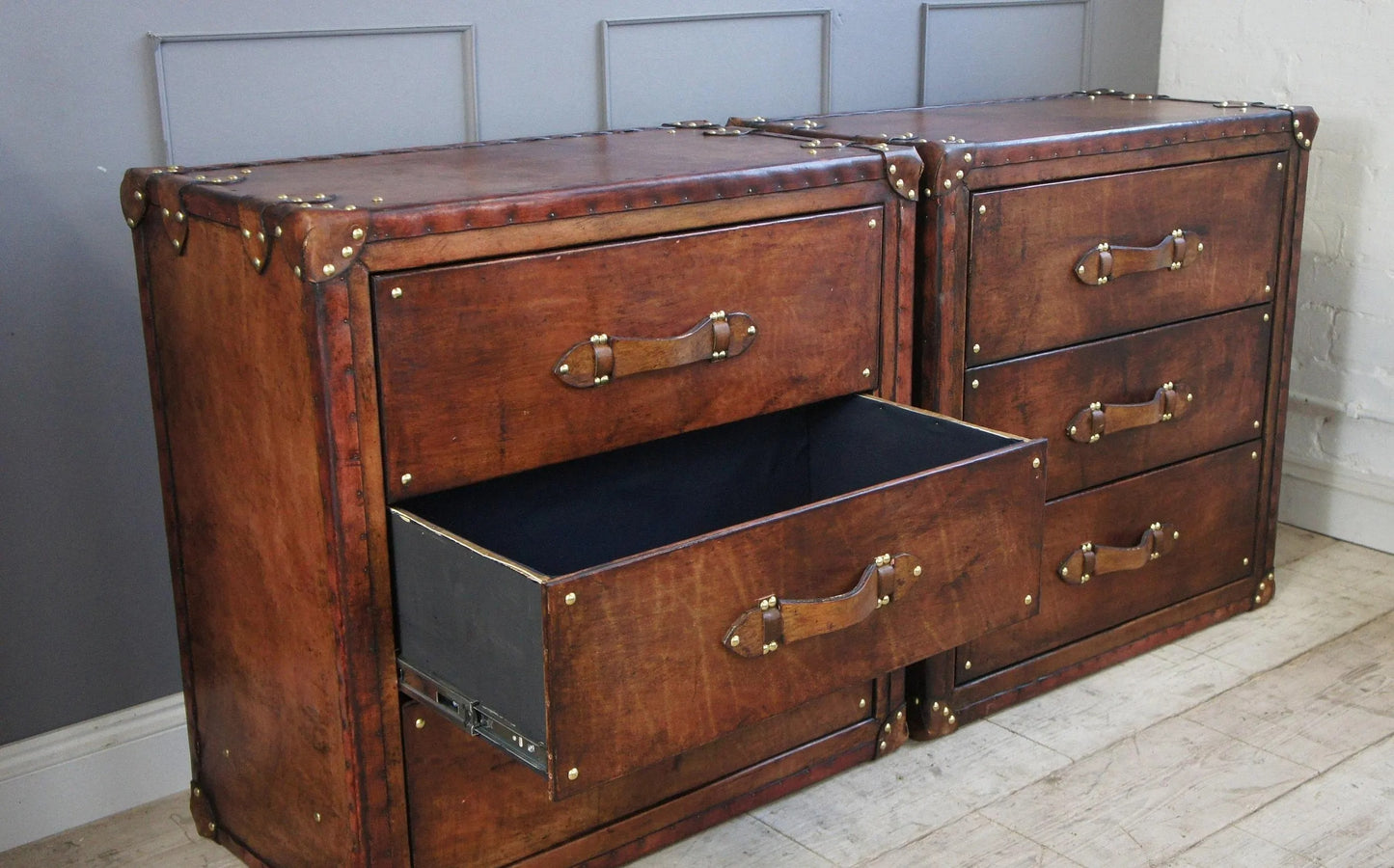 Leather Vintage Bedside Cabinet Pair, English Country House Master Bedroom, Nightstands Handmade Set