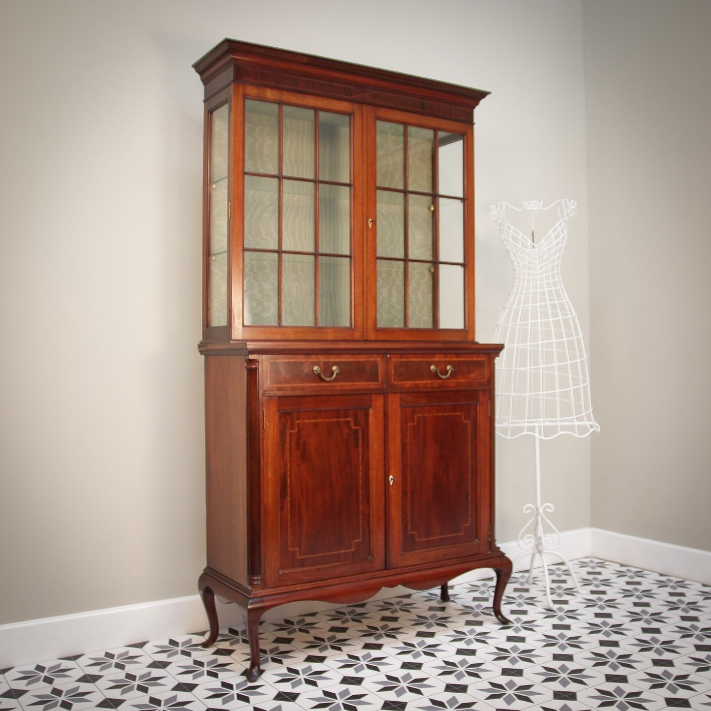 Vintage Bookcase Edwardian Inlaid Mahogany on Cabriole legs Display Cabinet