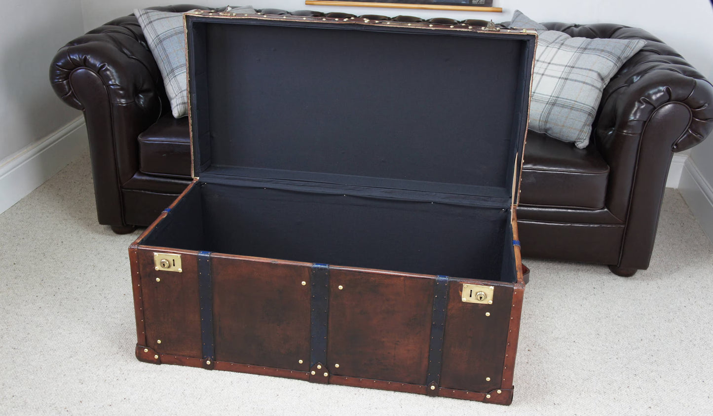Vintage Storage Trunk Coffee Table | Antique Leather Top | Handmade England