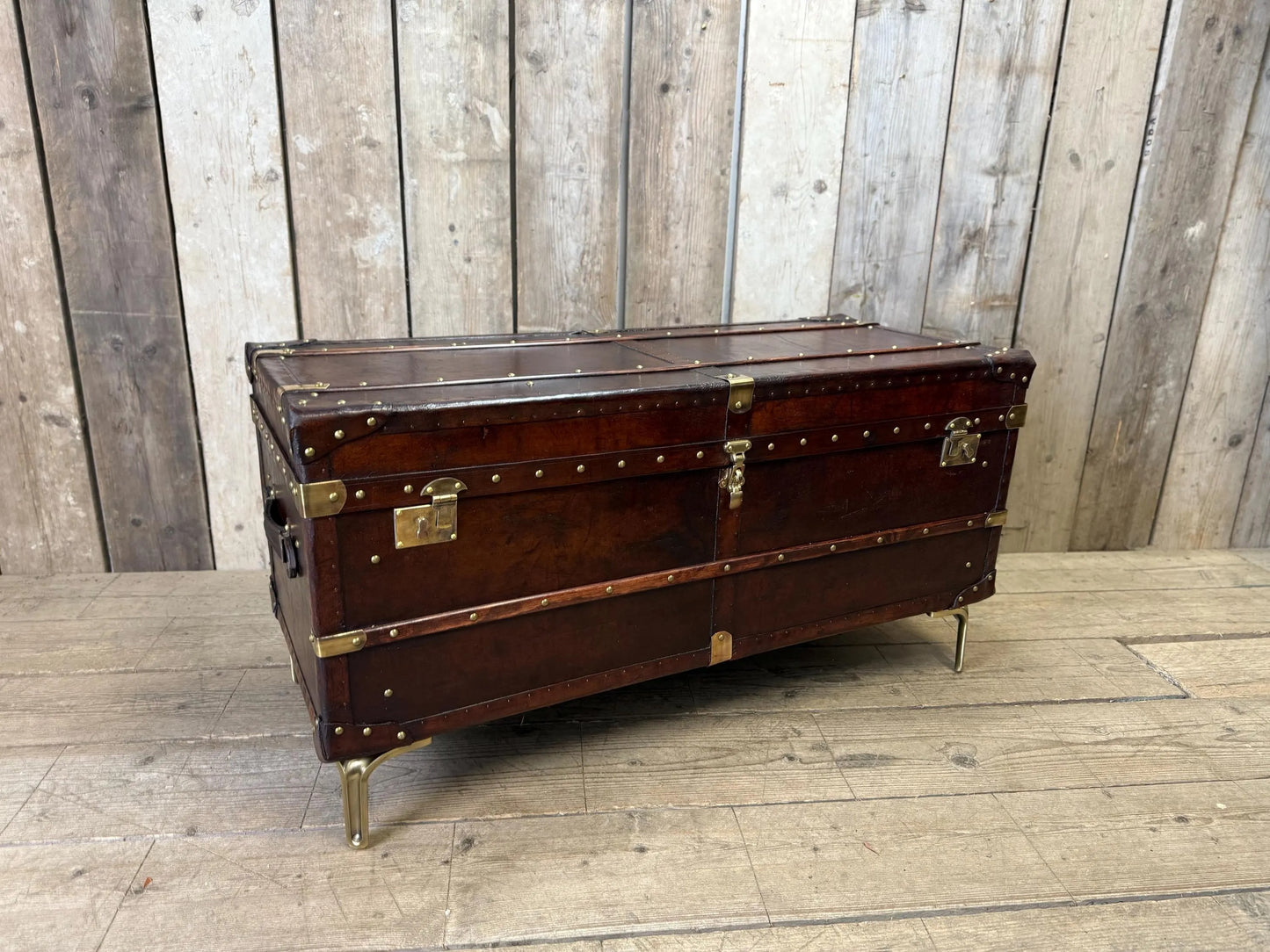 English handmade luxury leather storage trunk - custom made reclaimed leather - bespoke chest
