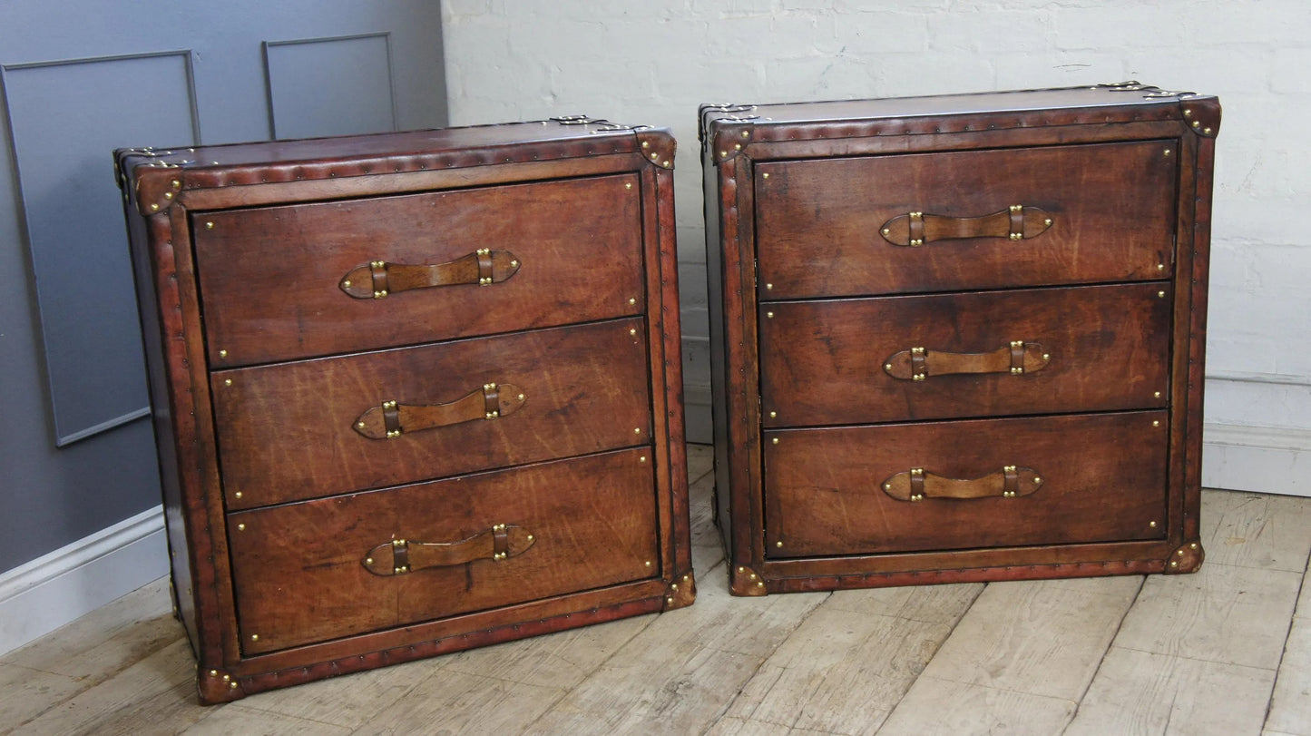 Leather Vintage Bedside Cabinet Pair, English Country House Master Bedroom, Nightstands Handmade Set