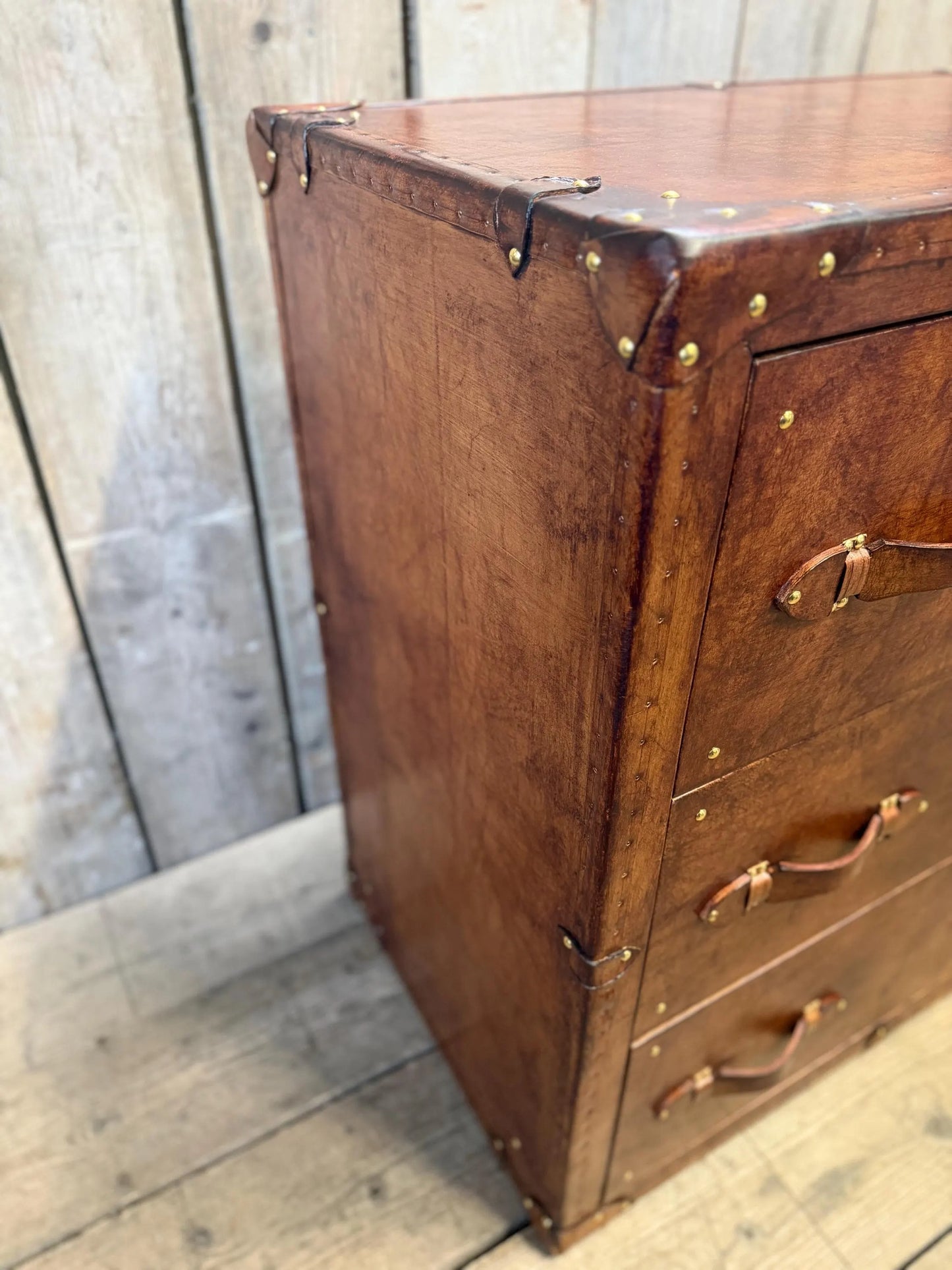 Tan Leather Vintage Drawer Handmade Furniture Bedroom Storage Rustic Leather Chest Drawers Custom Wood Cabinet