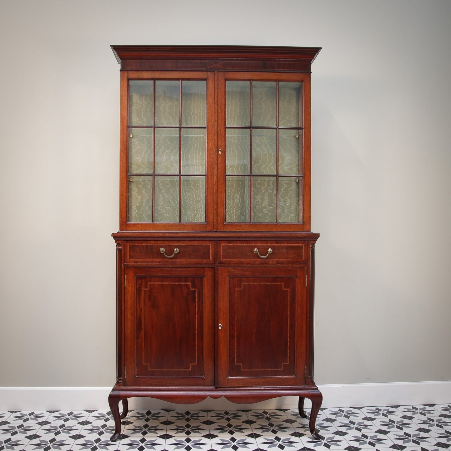 Vintage Bookcase Edwardian Inlaid Mahogany on Cabriole legs Display Cabinet