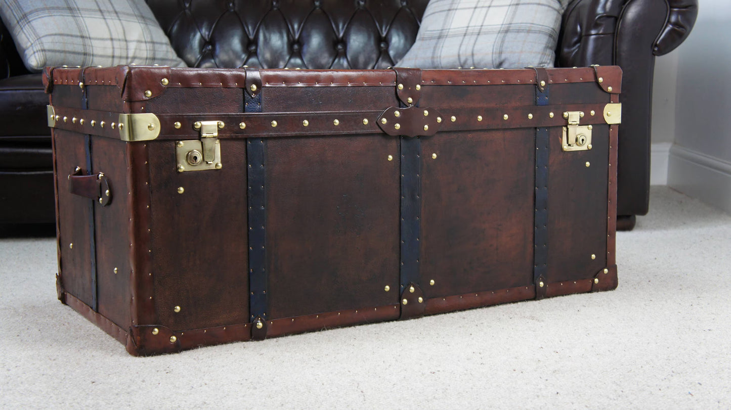 Vintage Storage Trunk Coffee Table | Antique Leather Top | Handmade England