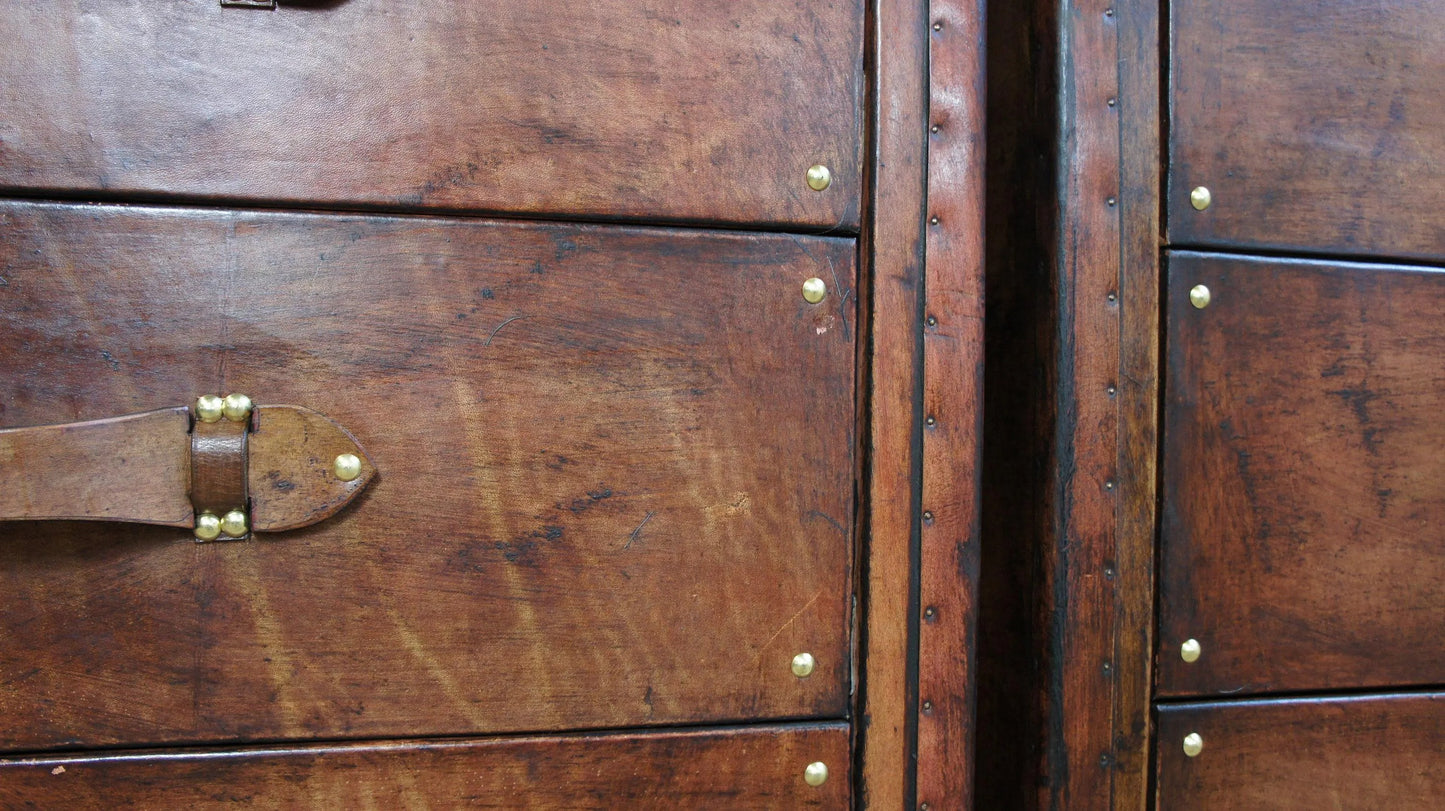 Leather Vintage Bedside Cabinet Pair, English Country House Master Bedroom, Nightstands Handmade Set
