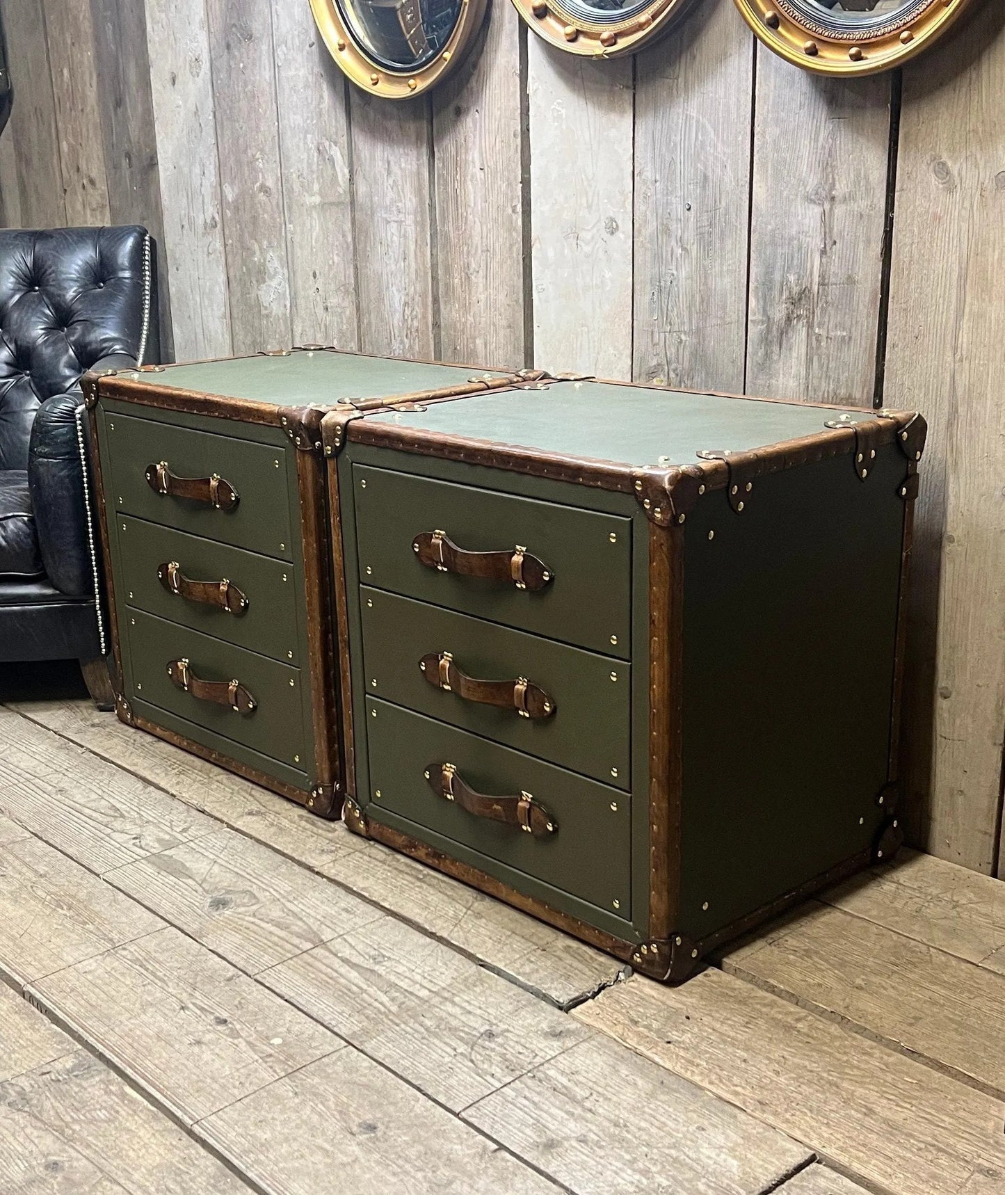 Green Olive Vintage Nightstand Cabinets: Luxury Handcrafted English Bedroom Storage Tables