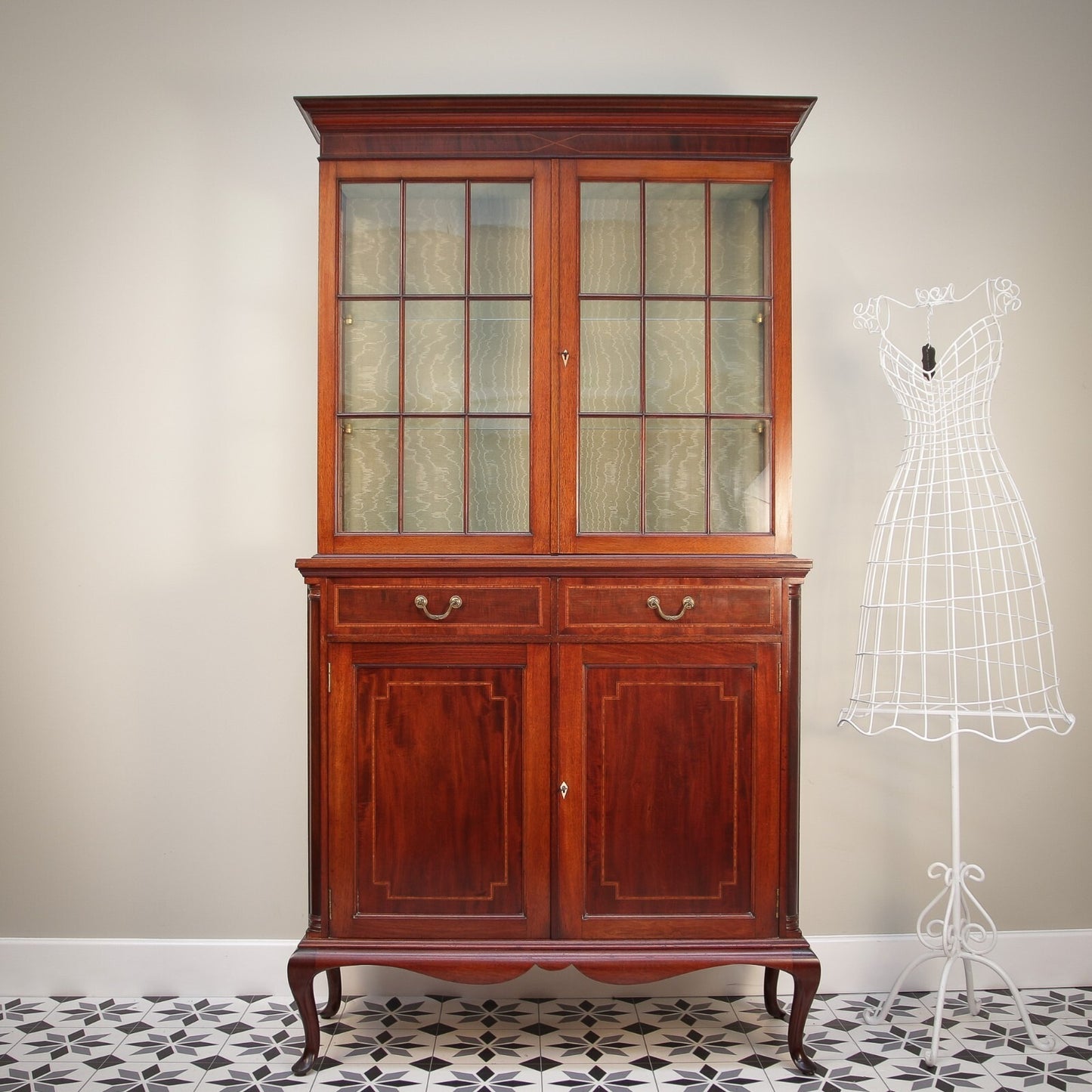 Vintage Bookcase Edwardian Inlaid Mahogany on Cabriole legs Display Cabinet